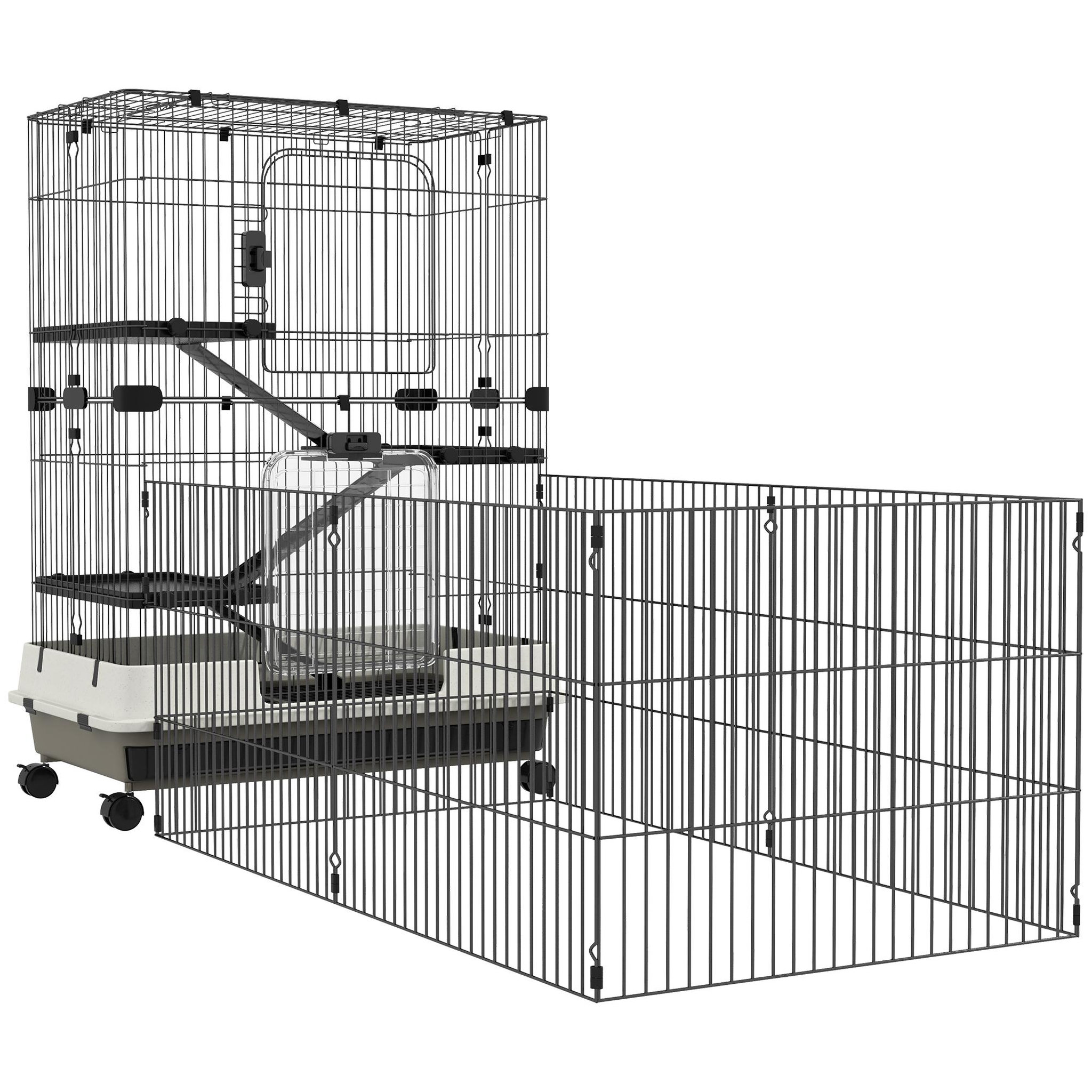 PAWHUT Cage pour petits animaux roulante 3 plates-formes démontables 3 rampes plateau inférieur amovible métal pp 182 x 81 x 114 cm noir