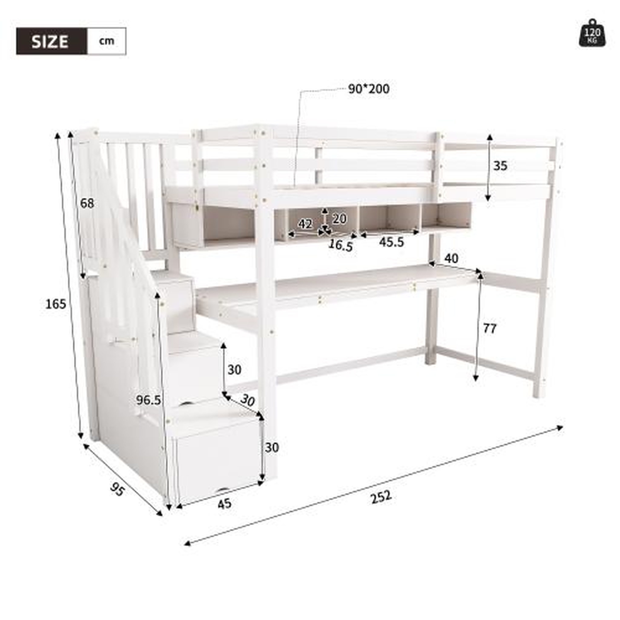 Voir la diapositive 3 : MERAX Lit combiné enfant 90x200 cm coloris blanc bois massif