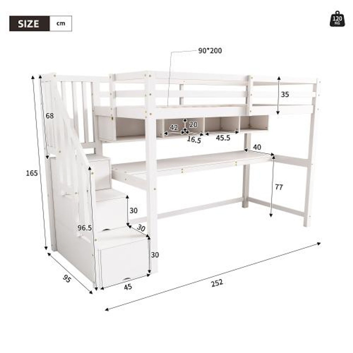 MERAX Lit combiné enfant 90x200 cm coloris blanc bois massif