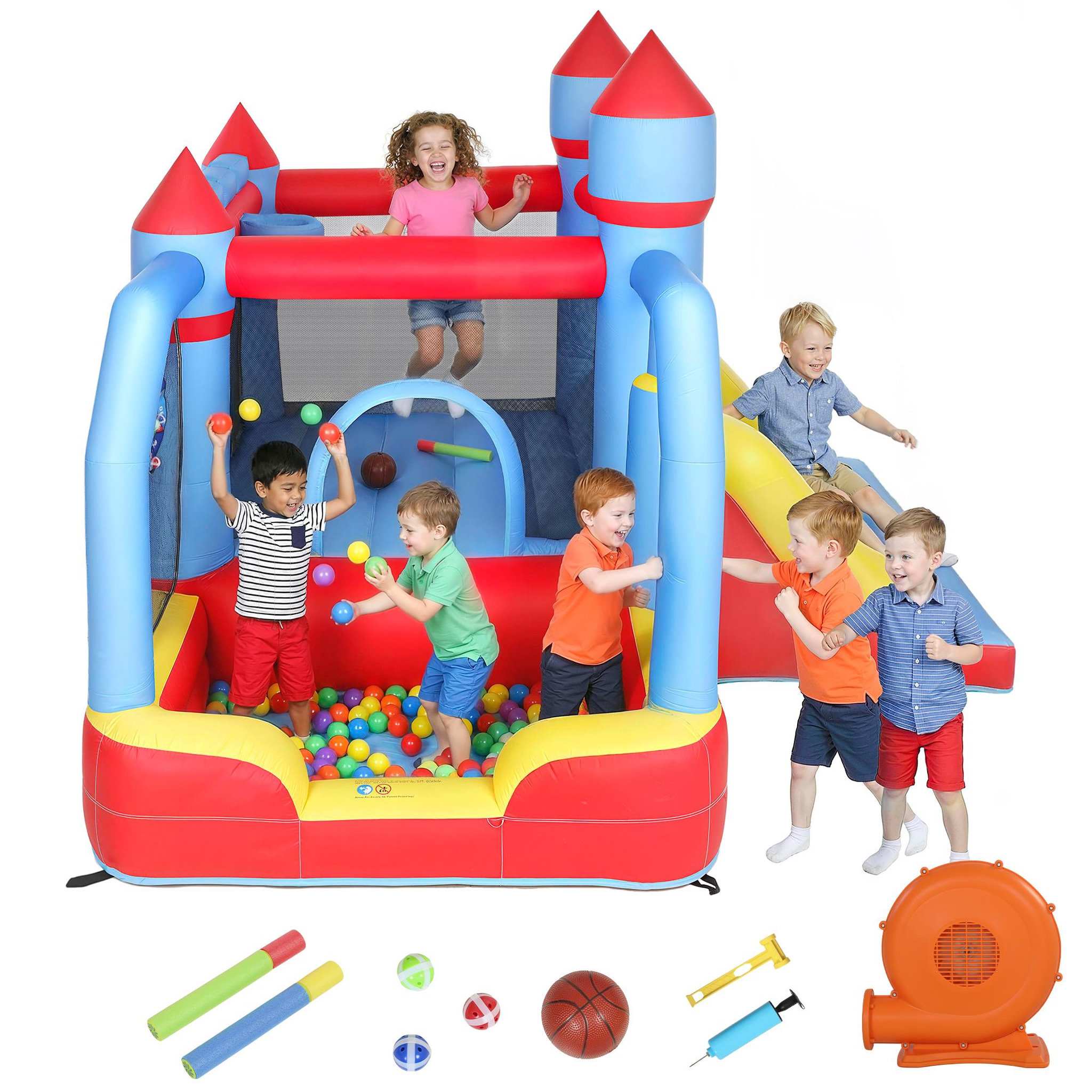 Voir la diapositive 5 : HOMCOM Château gonflable 5 en 1 piscine toboggan trampoline panier de basket sac de frappe