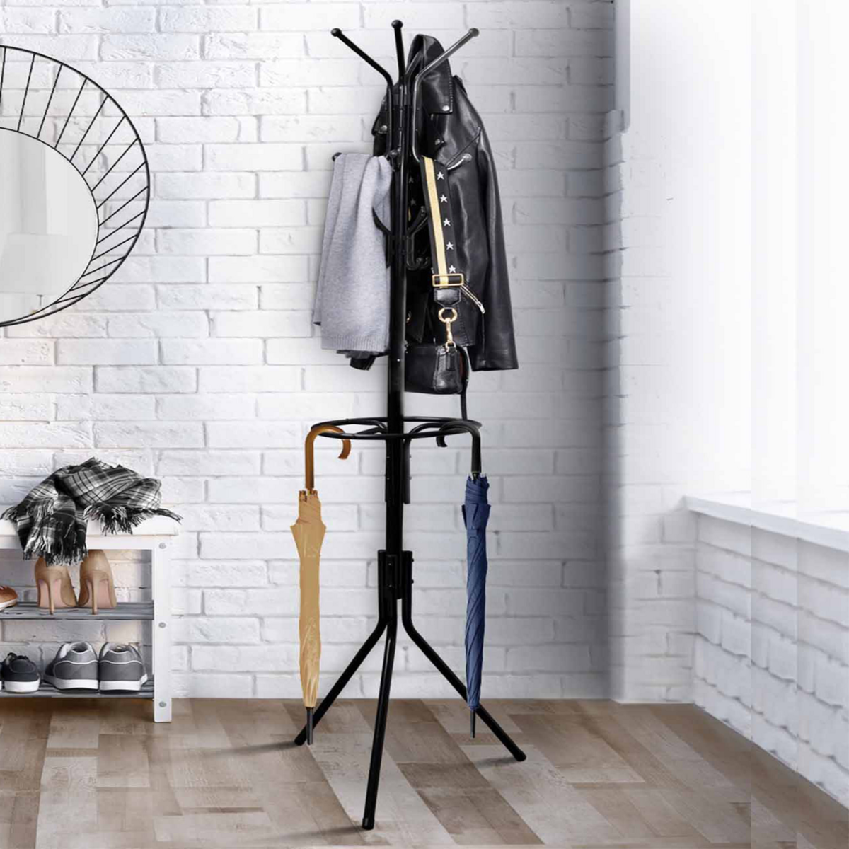 ID MARKET Porte-manteau TYLO noir avec porte parapluie