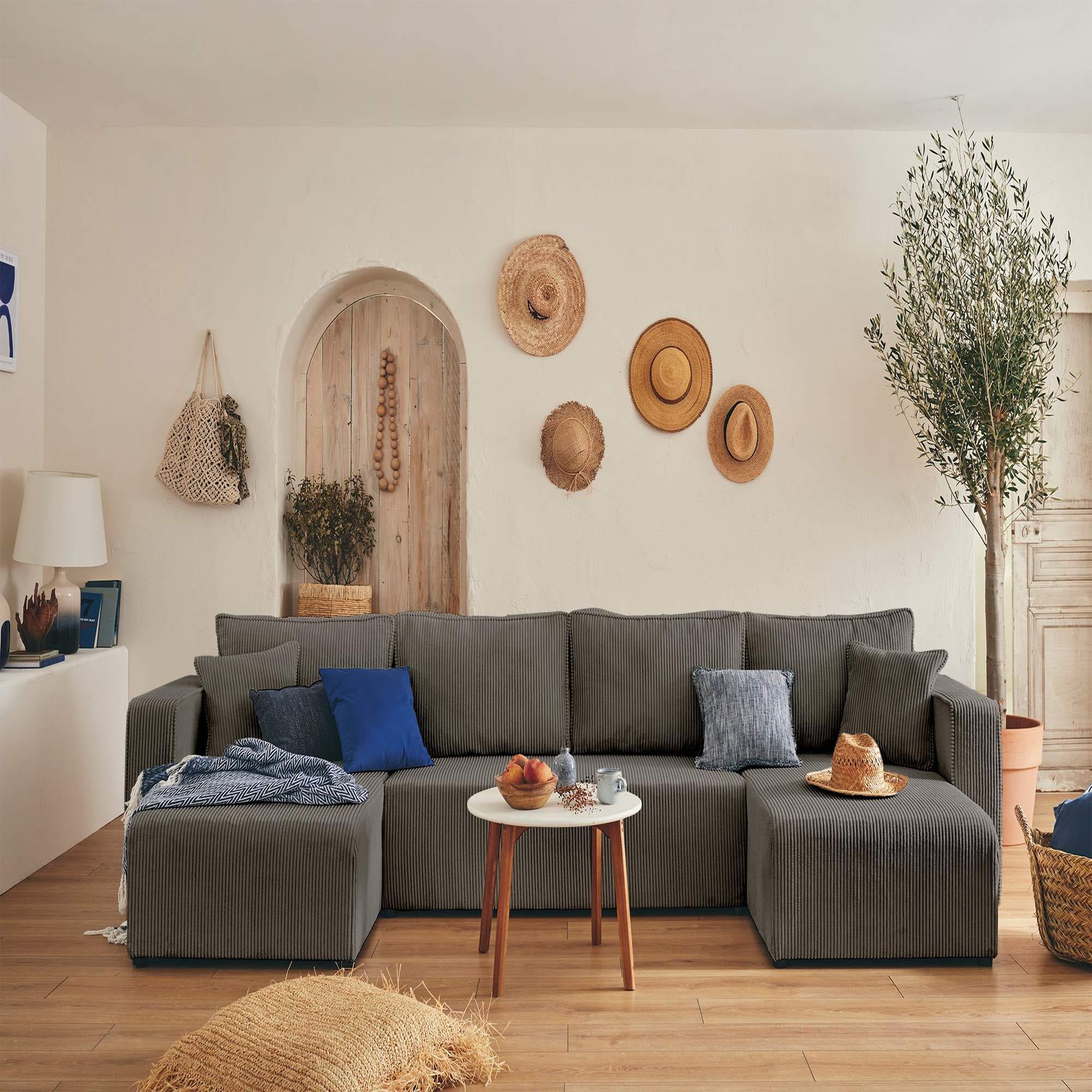 Voir la diapositive 5 : BEST MOBILIER Topaze - canapé panoramique en u - 7 places - convertible avec coffre - en velours côtelé