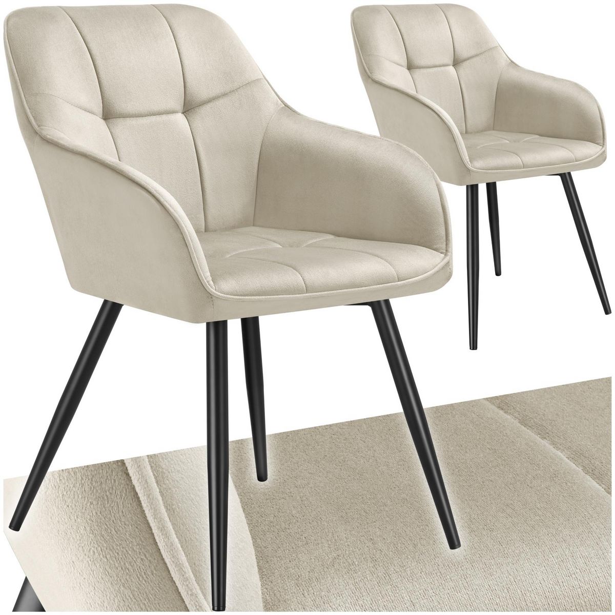 tectake Chaise de salle à manger rembourrée et en velours matelassé crème/noir Lot de 2