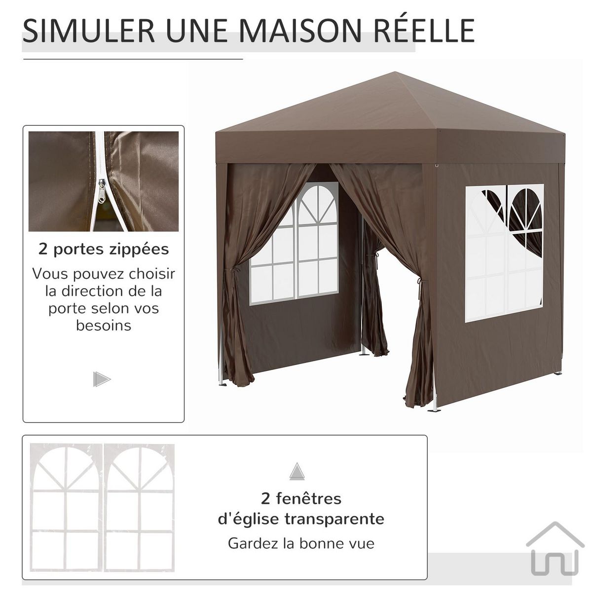 OUTSUNNY Tonnelle de jardin tente pliante barnum pop-up 2 x 2 m 4 parois latérales amovibles 2 fenêtres sac de transport pour camping, festival, plage, jardin chocolat