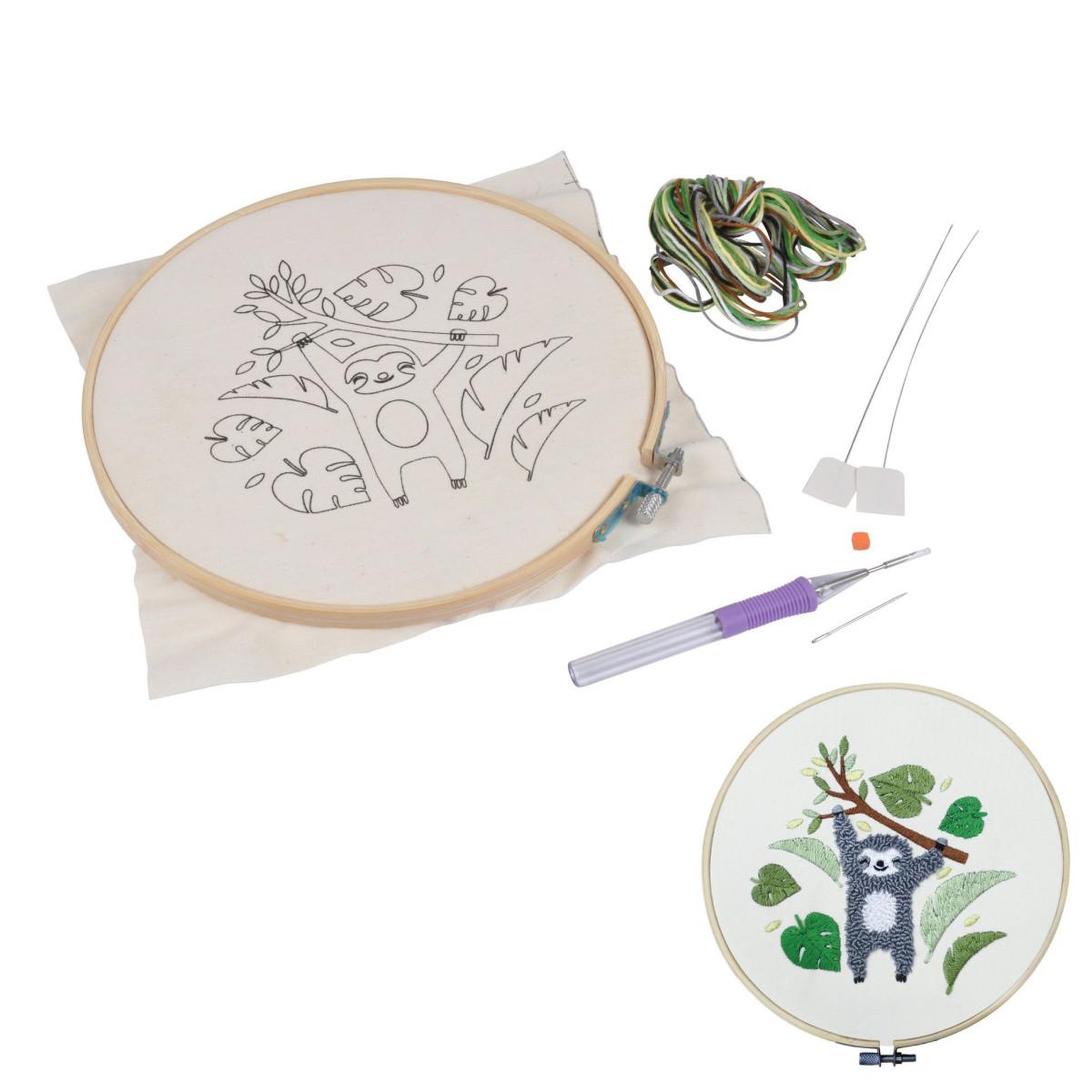 HOMEA Kit Complet Punch Needle  Paresseux  21cm Blanc