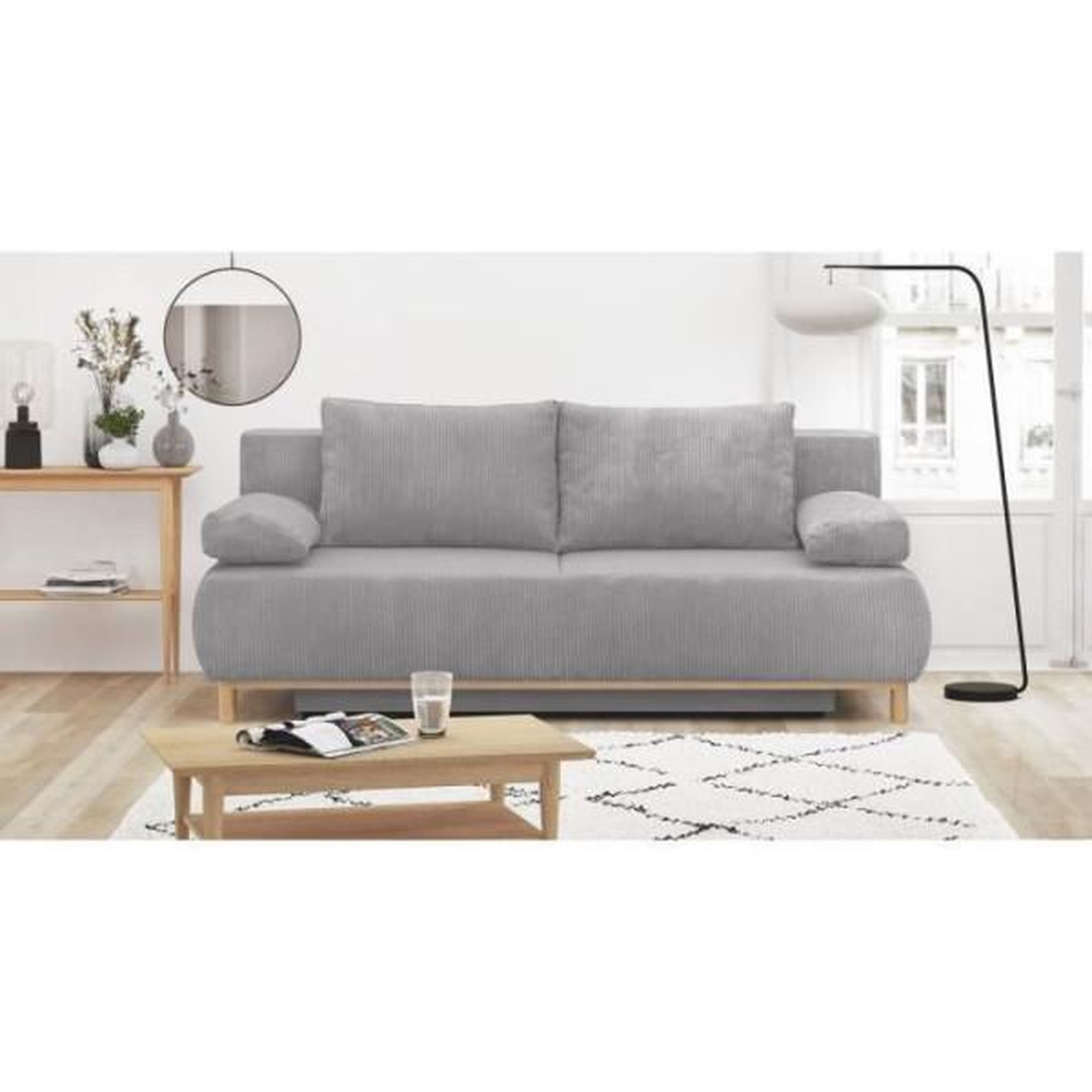 Voir la diapositive 2 : MARKET24 Banquette convertible 3 places MIKA - Velours côtelé gris clair - Coffre de rangement - L 192 x H 84 x P 93 cm
