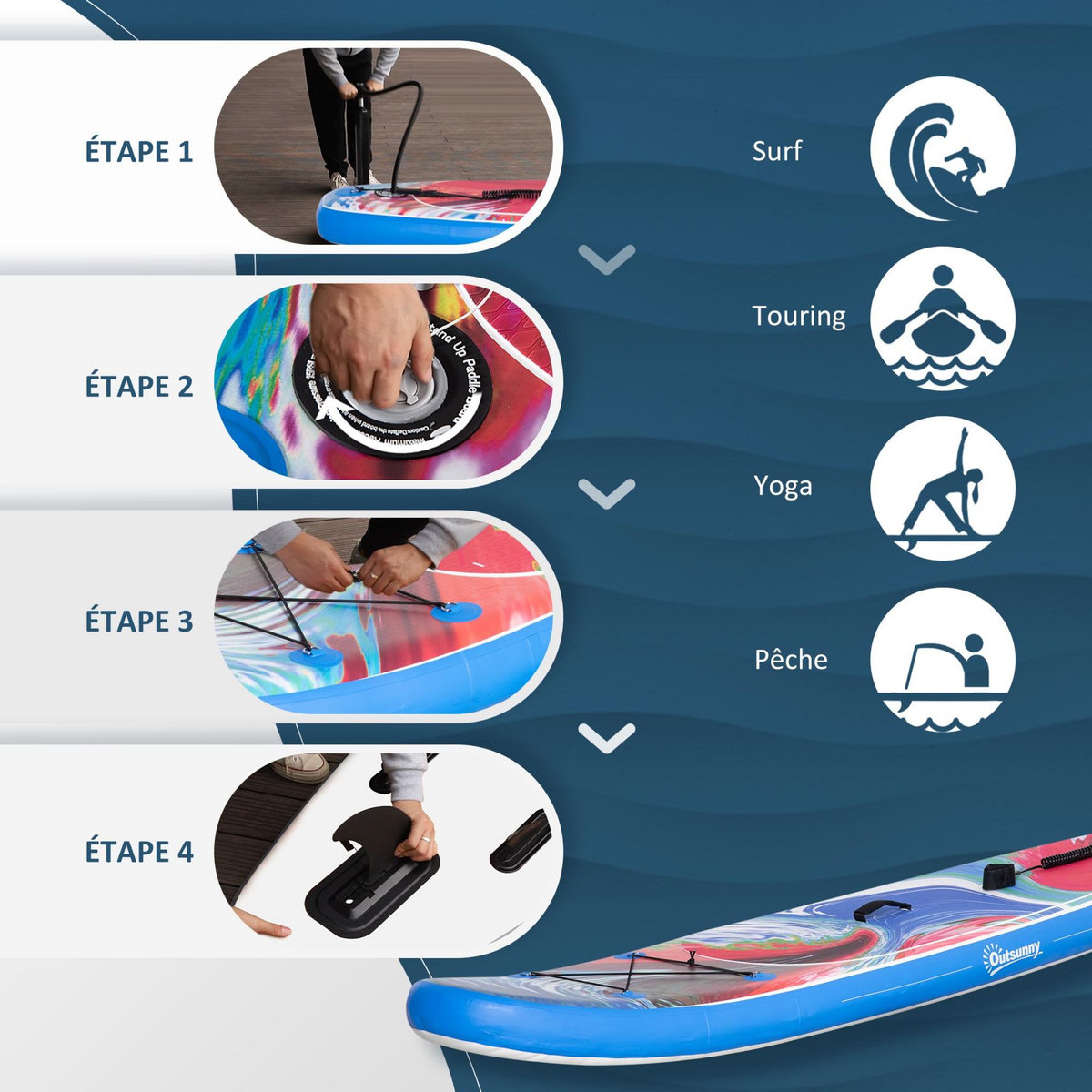 OUTSUNNY Stand up paddle gonflable surf planche de paddle pour adulte dim. 320L x 76l x 15H cm nombreux accessoires fournis PVC bleu rouge
