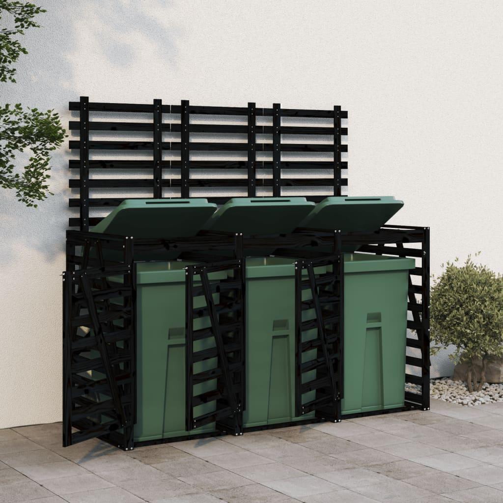 VIDAXL Abri pour poubelle triple sur roulettes noir bois massif de pin
