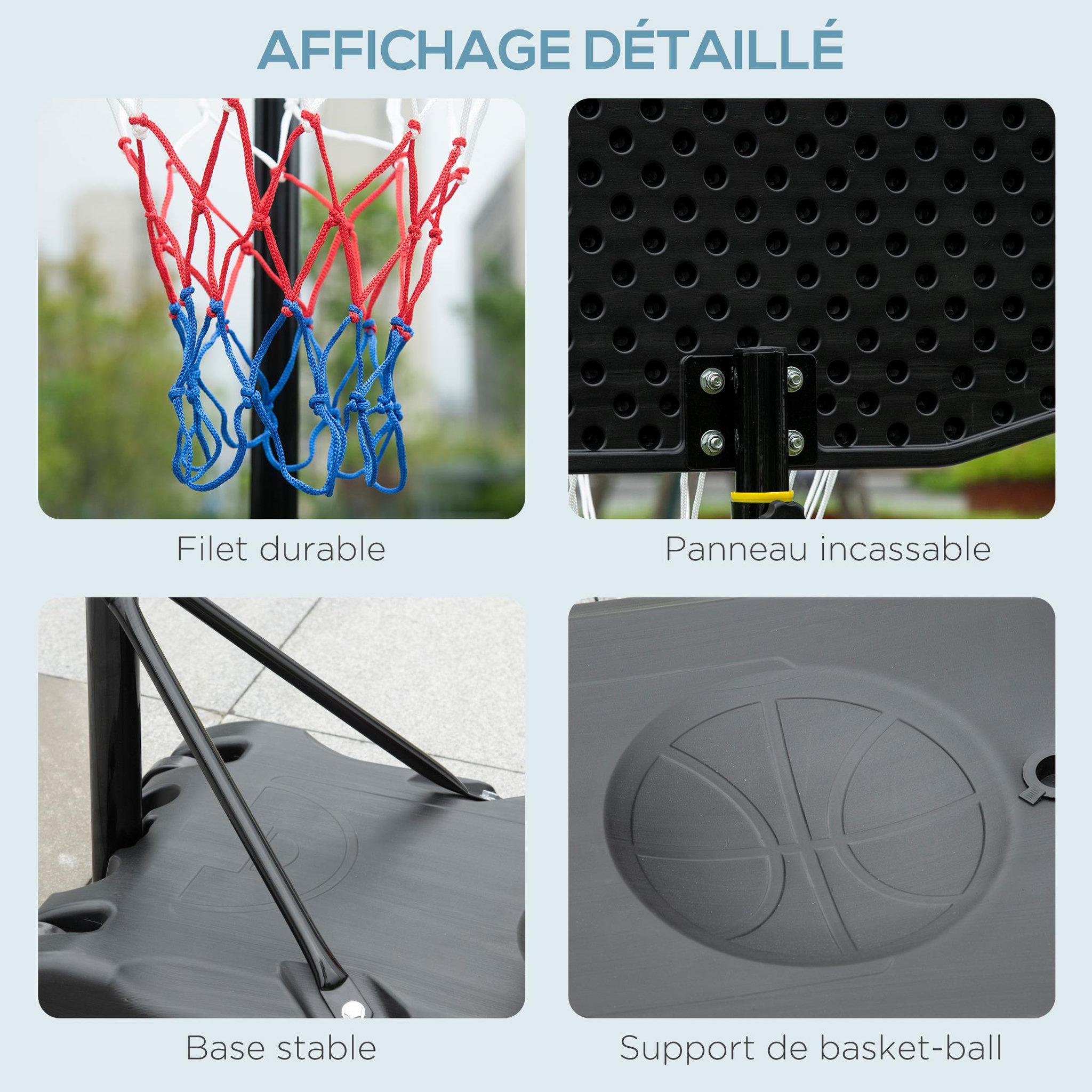 Voir la diapositive 6 : HOMCOM Panier de basketball sur pied hauteur réglable h.197-254 cm lestage roulettes noir blanc