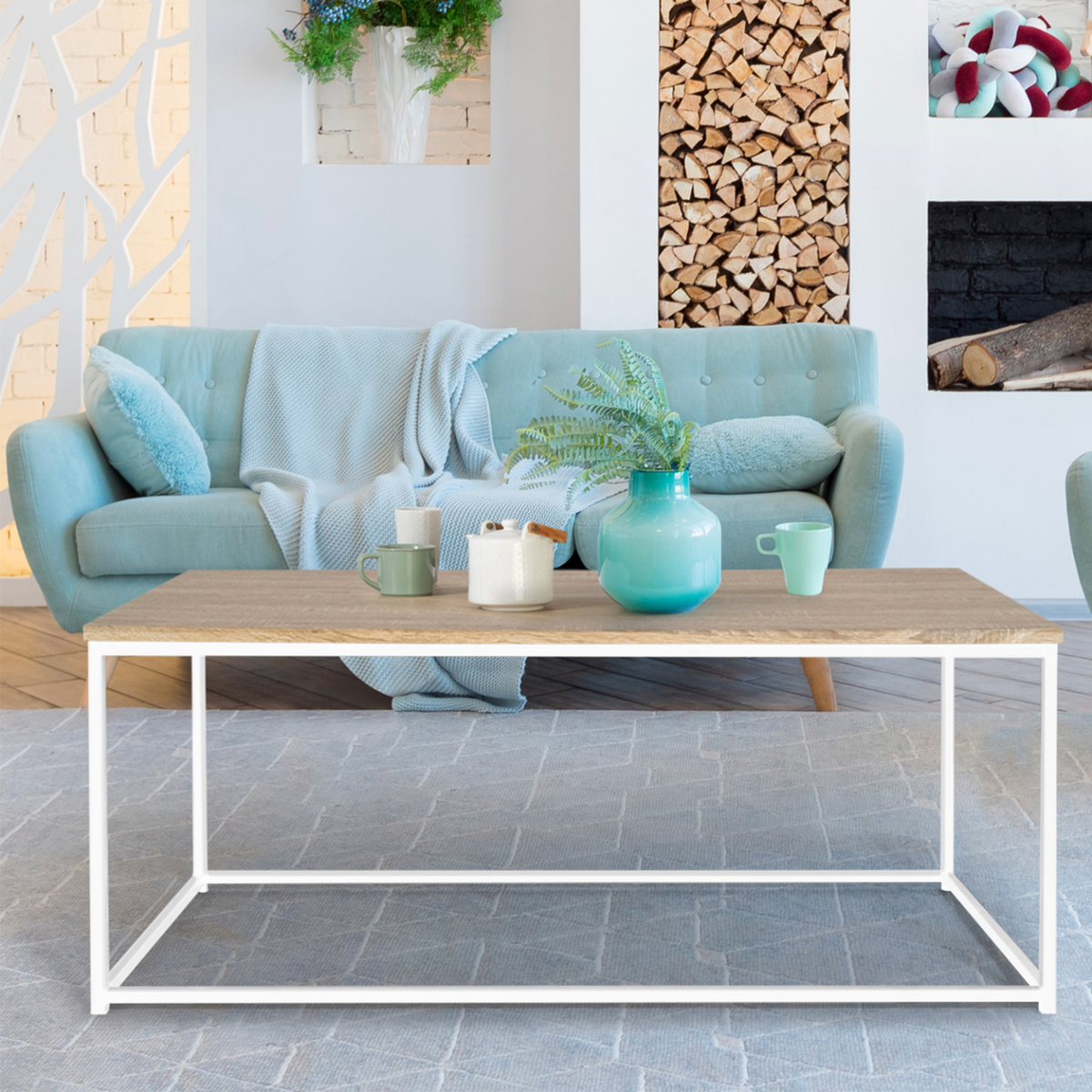 ID MARKET Table basse rectangulaire DETROIT 113 cm design industriel bois et métal blanc