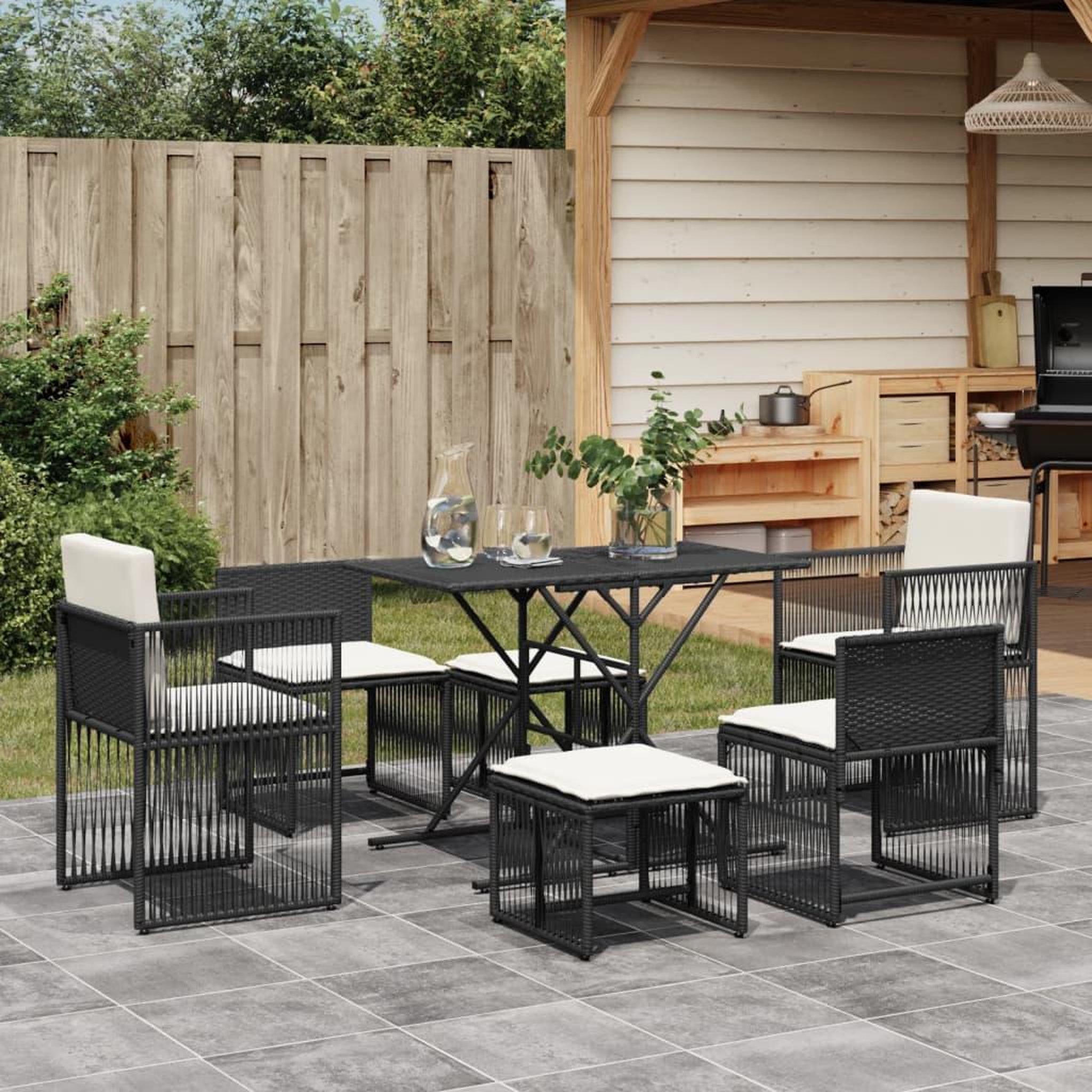 VIDAXL Ensemble a manger de jardin coussins 7 pcs noir resine tressee