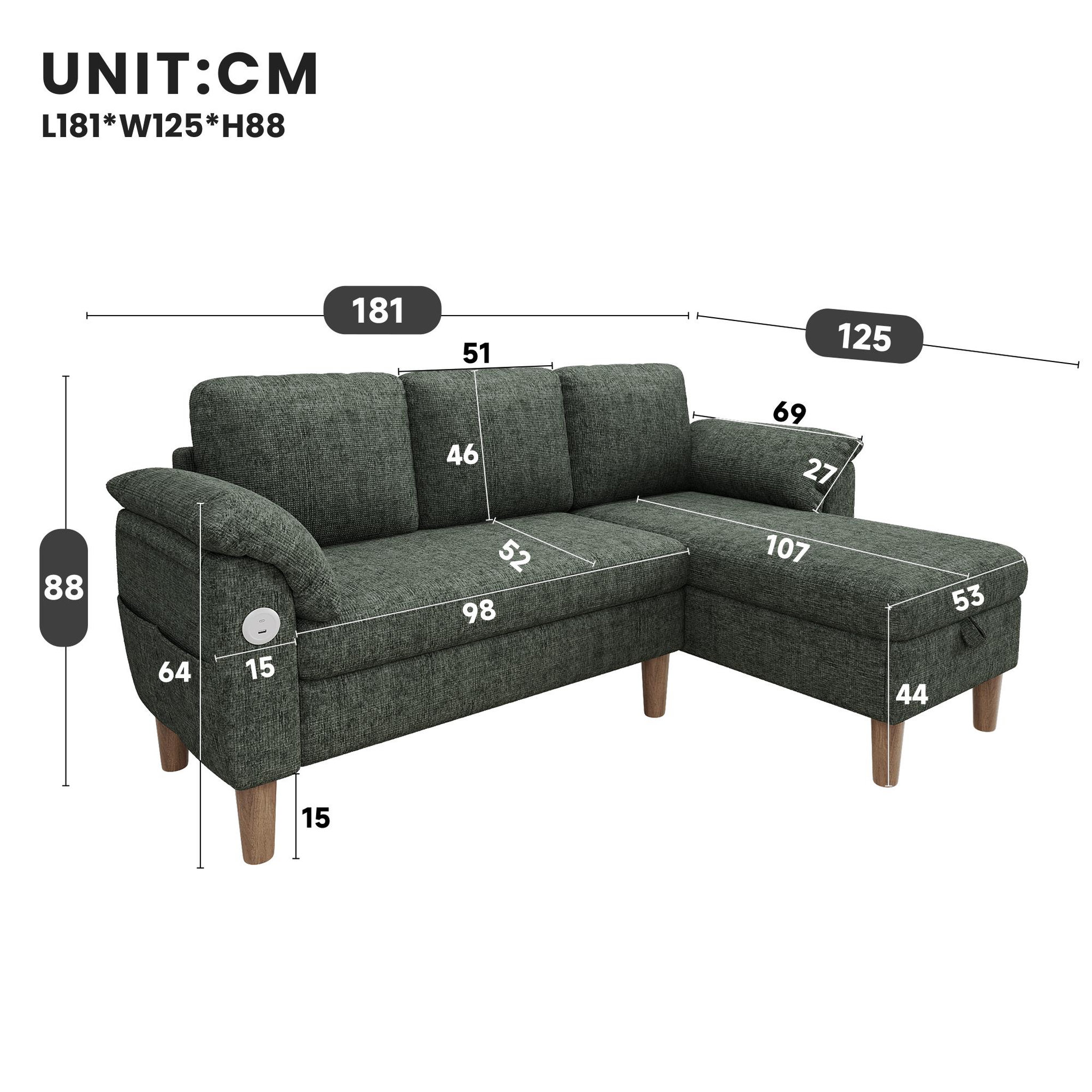 Voir la diapositive 3 : MERAX Canapé d'angle 3 places avec méridienne coffre tissu chenille usb type-c