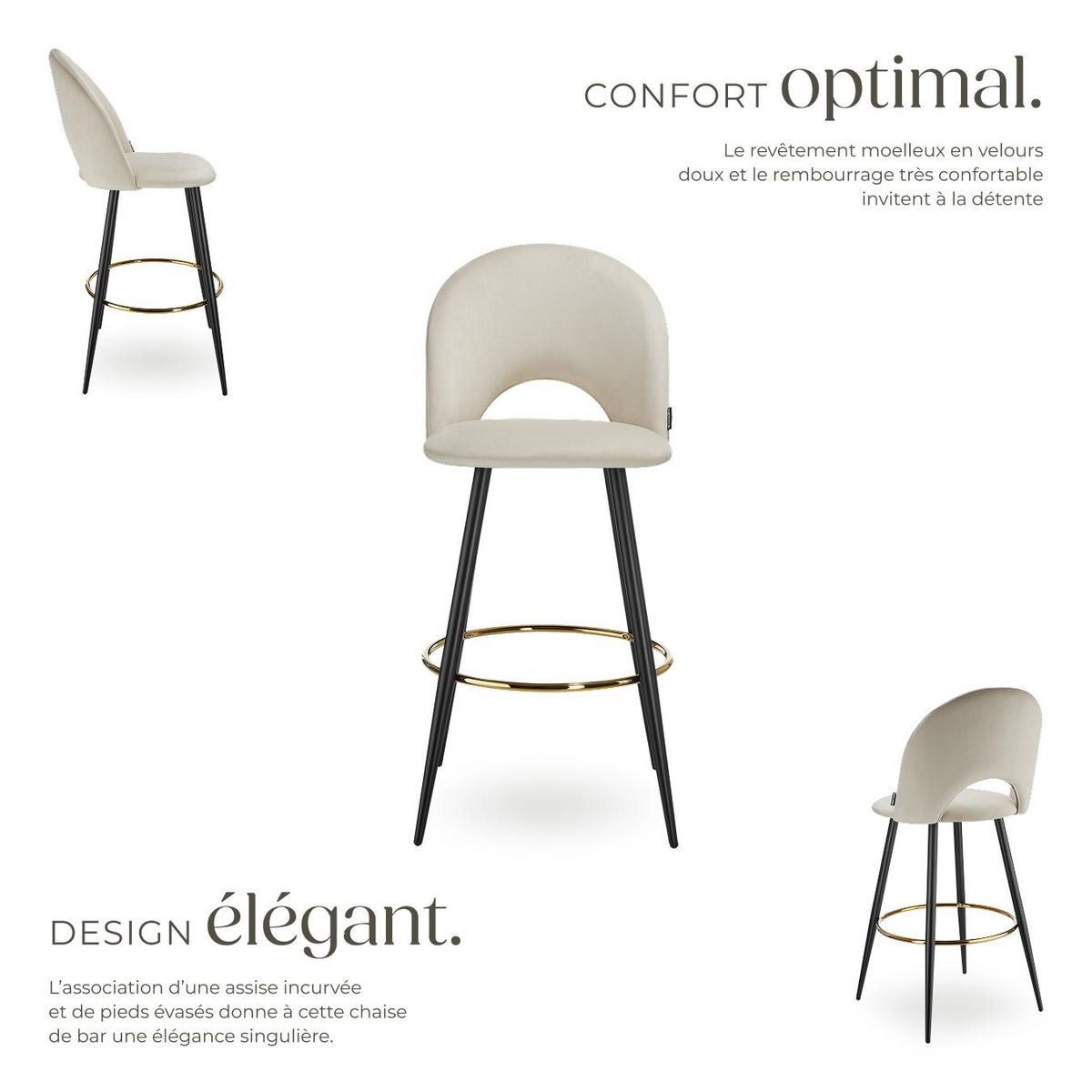 tectake Chaise de bar en velours rembourré crème/noir Ensemble de 2 pièces