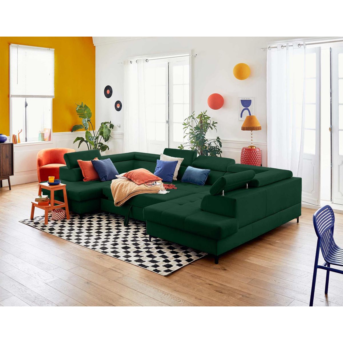 LISA DESIGN Merida - canapé panoramique en u - 7 places - convertible avec coffres et têtières réglables - en velours