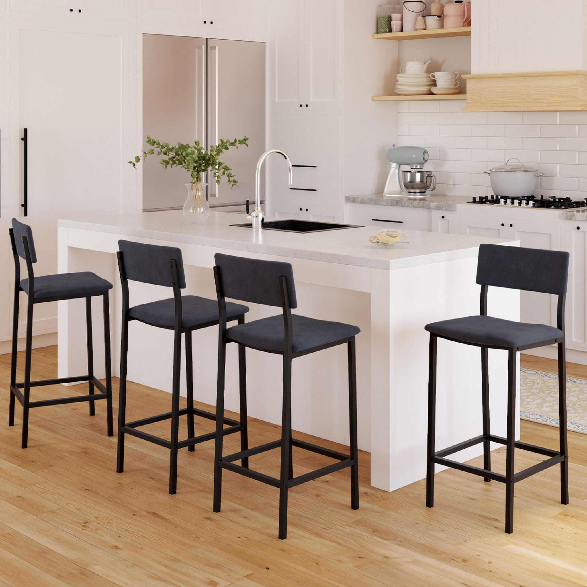 Voir la diapositive 2 : ID MARKET Lot de 4 tabourets de bar aubin avec dossier chaise de cuisine velours gris anthracite