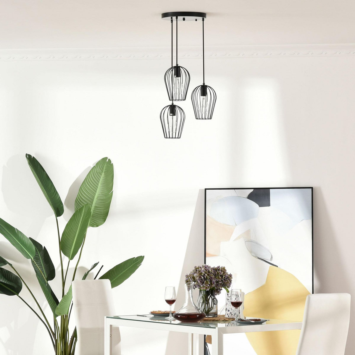 HOMCOM Lustre suspension style industriel 3 lampes 40 W 230 V hauteur réglable dim. 38L x 38l x 145H cm métal filaire noir