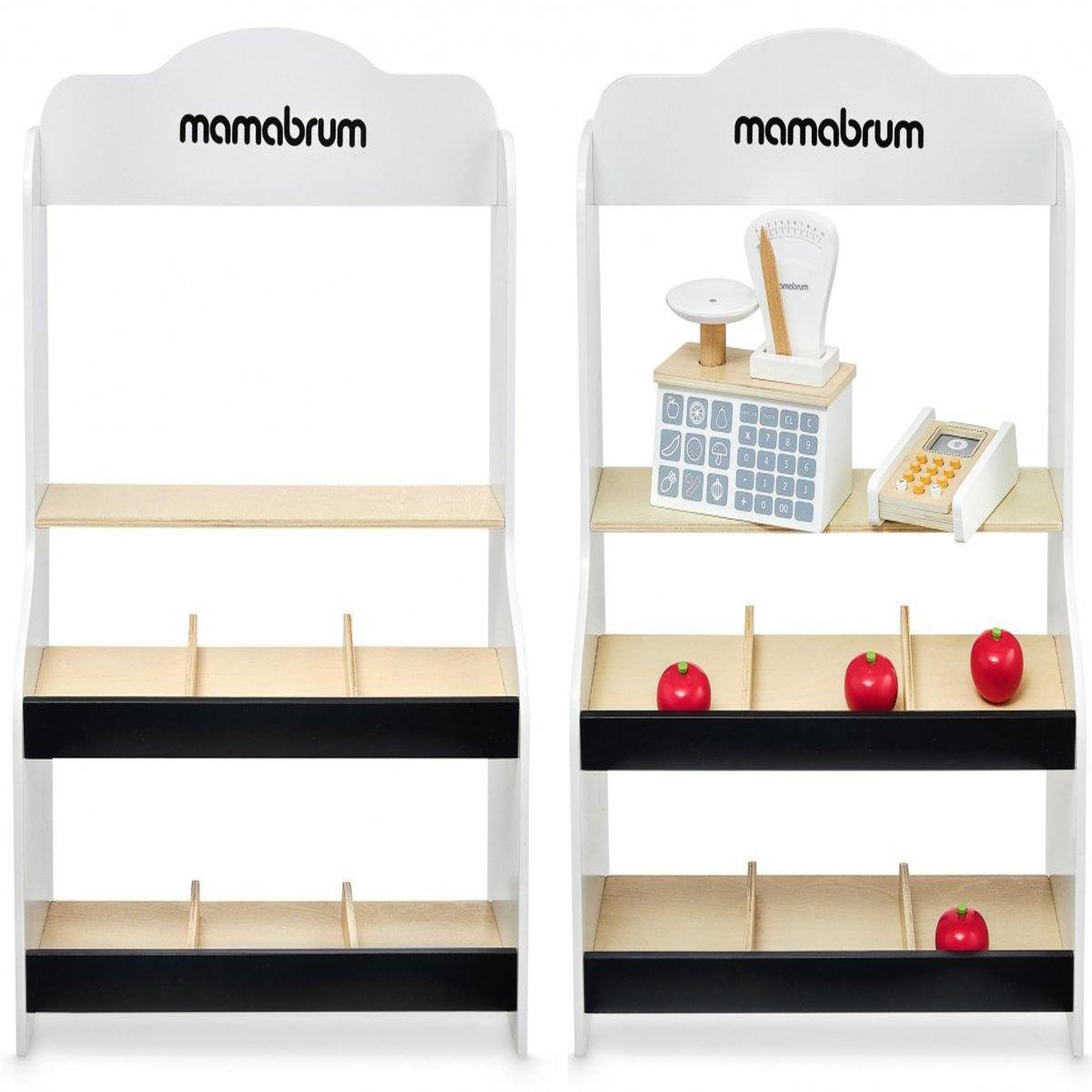 Voir la diapositive 4 : MAMABRUM Marchande Enfant en Bois 67 *46,5 *22 cm - Stand Vendeur Balance, Terminal avec Carte & 4 Pommes