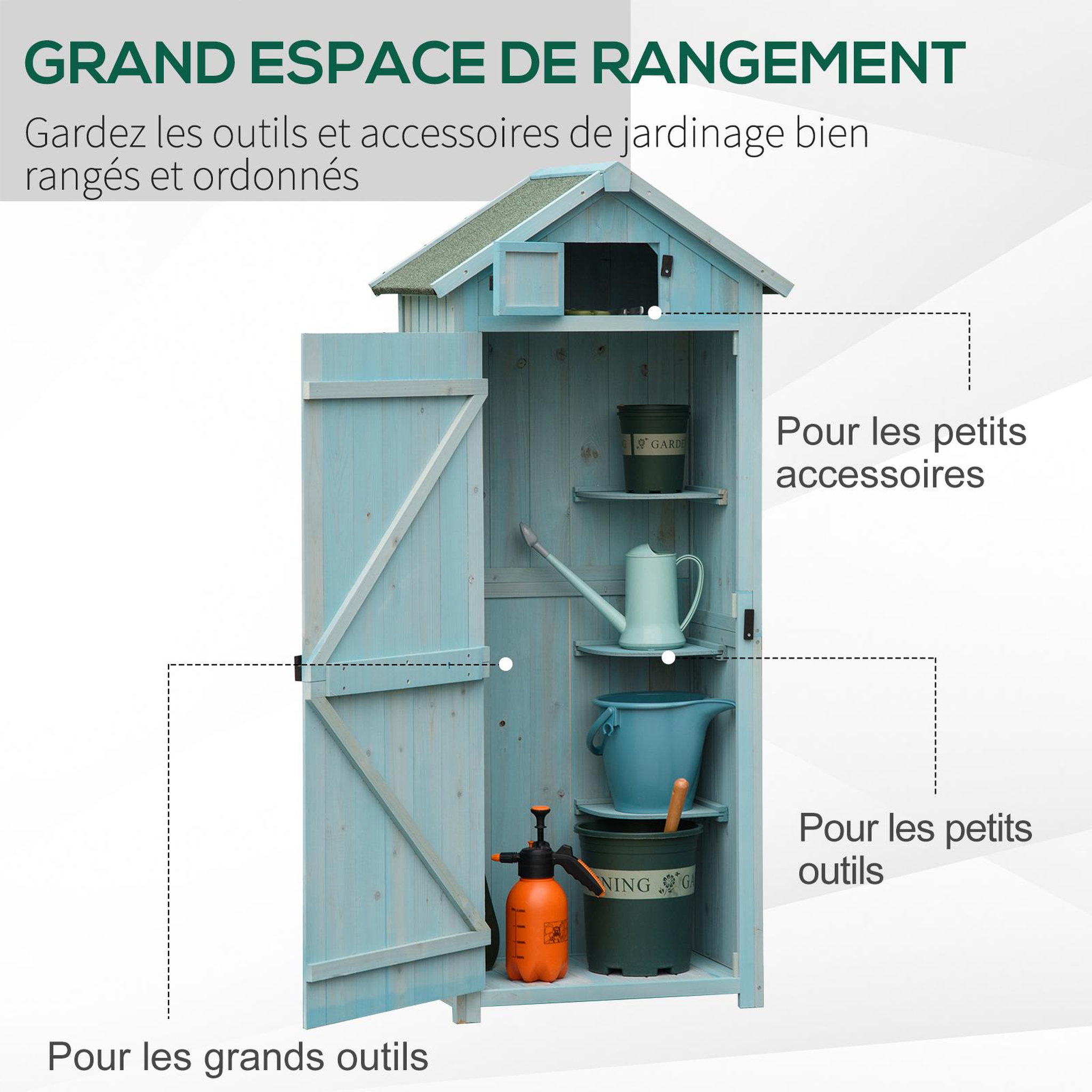 Voir la diapositive 4 : OUTSUNNY Armoire abri de jardin remise pour outils 3 étagères 2 portes loquets toit pente bitumé 77L x 54l x 179H cm sapin traité bleu