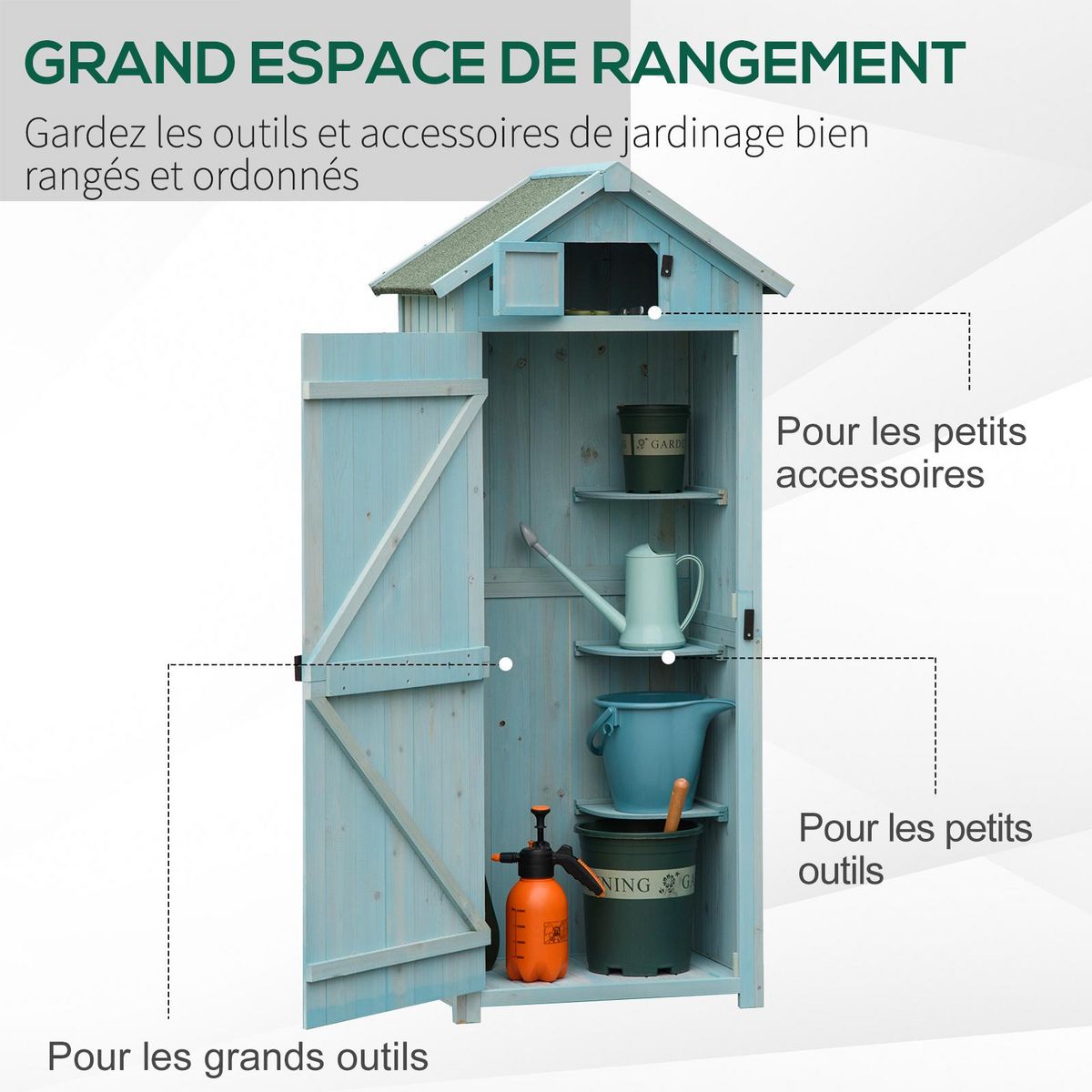 OUTSUNNY Armoire abri de jardin remise pour outils 3 étagères 2 portes loquets toit pente bitumé 77L x 54l x 179H cm sapin traité bleu