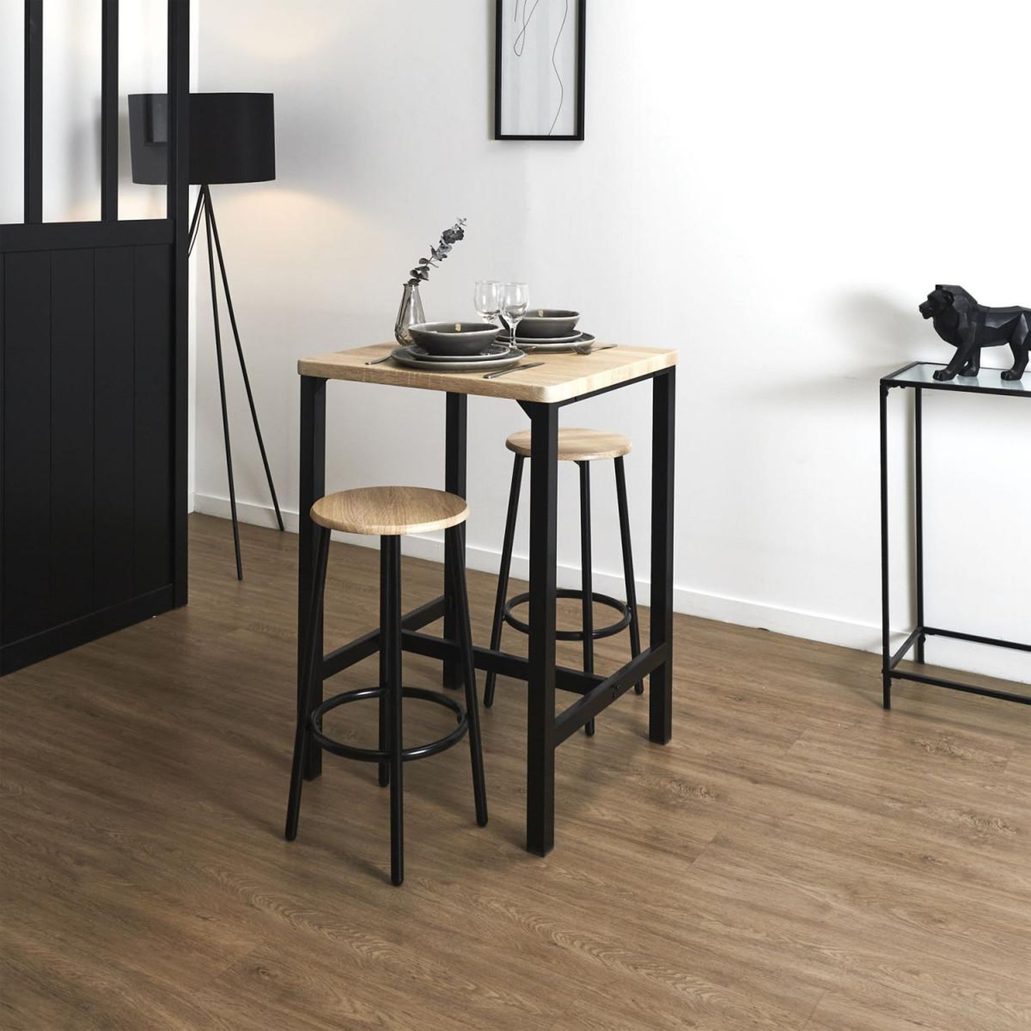 Voir la diapositive 5 : The Home Deco Factory Ensemble table de bar & 2 tabourets  loka  86cm noir