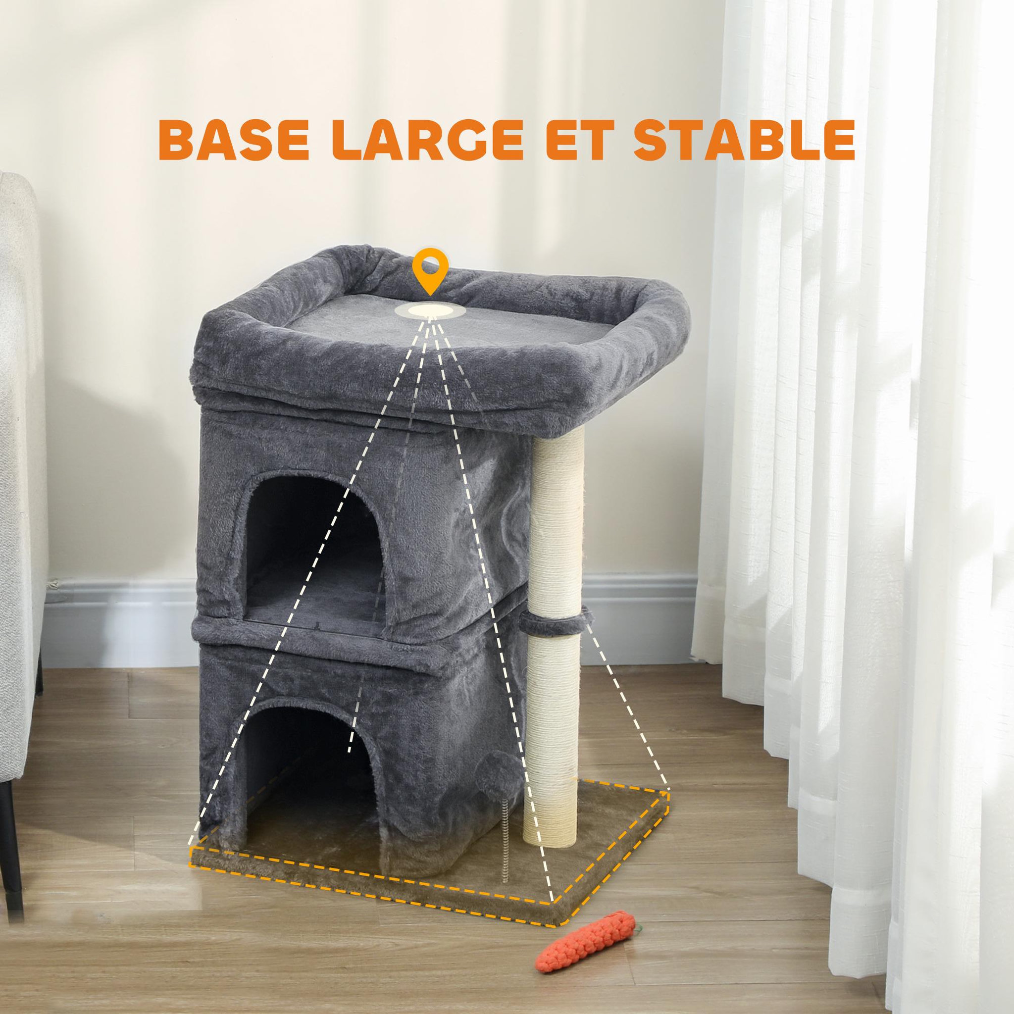 Voir la diapositive 4 : PAWHUT Arbre à chat griffoir 2 niches grande plateforme panier d'observation boule ressort gris