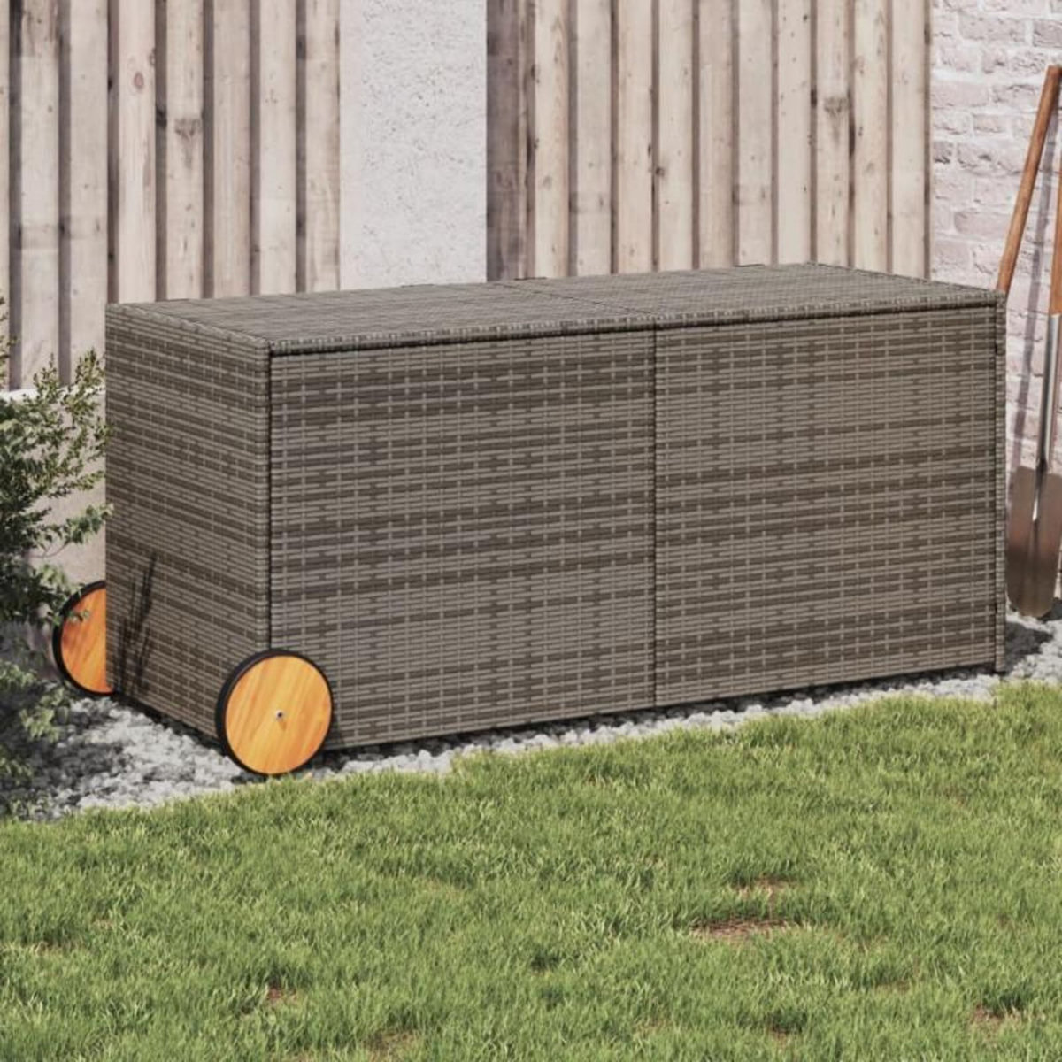 VIDAXL Boîte de rangement de jardin et roues gris 283L résine tressée