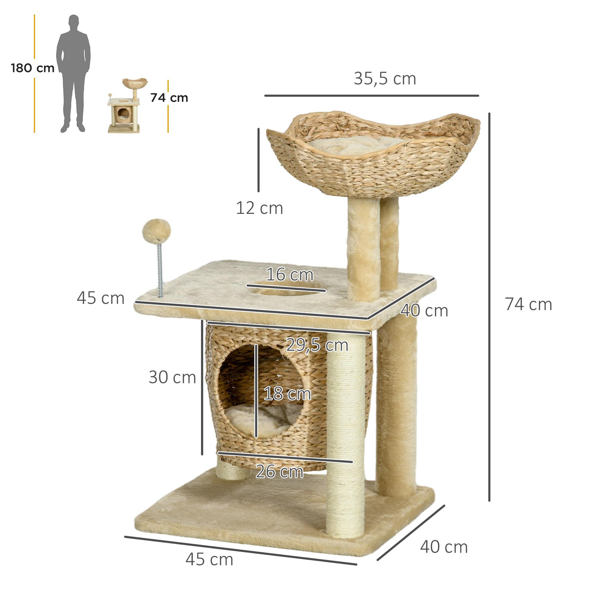 Voir la diapositive 3 : PAWHUT Arbre à chat style cosy chic griffoirs boule ressort niche panier 2 coussins inclus quenouille sisal naturel peluche beige
