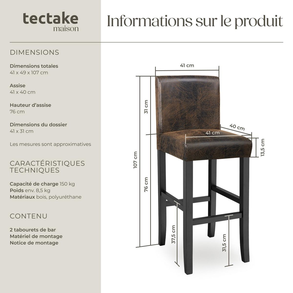 tectake Tabouret de bar rembourré avec dossier marron foncé lot de 2