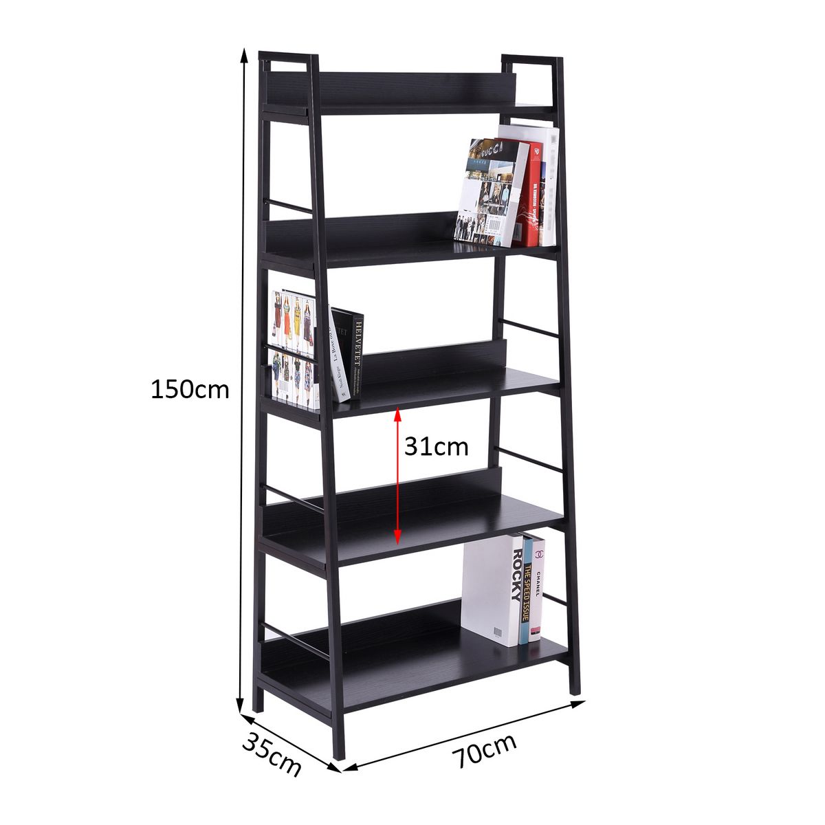 HOMCOM Étagère bibliothèque de rangement style industriel incliné 5 niveaux 70L x 35l x 150H cm noir