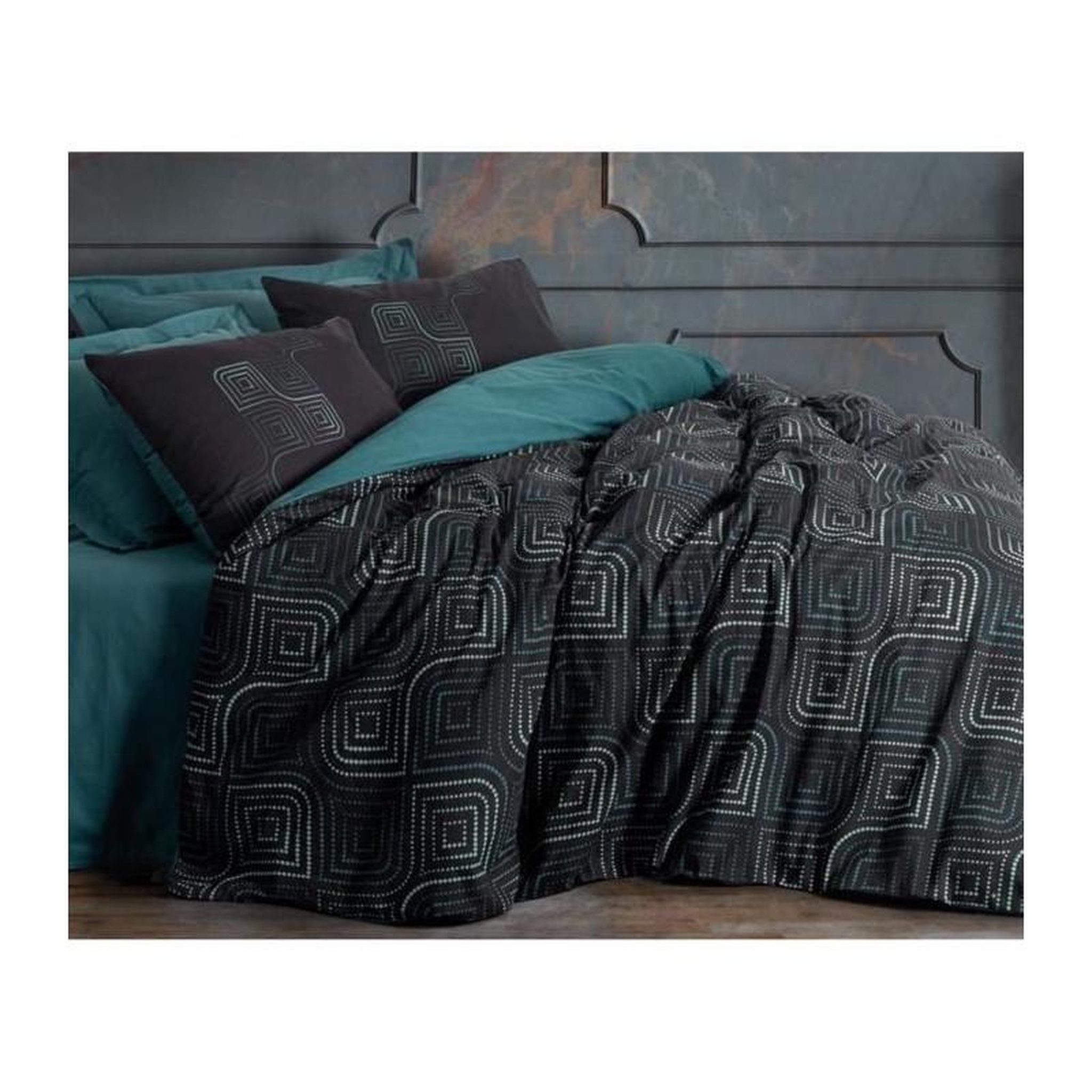 Voir la diapositive 4 : GENERIQUE Parure de lit - 129CTN64619 - 1 housse de couette 220 x 240 cm + 2 taies d'oreiller 60 x 60 cm - 100% coton ranforcé - Bleu