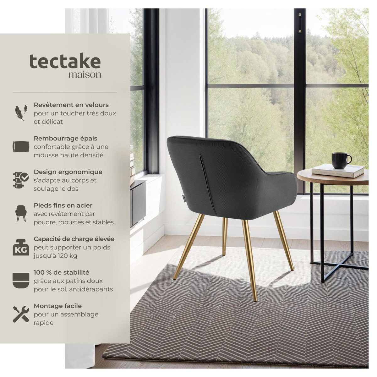 tectake Chaise de salle à manger rembourrée en velours côtelé gris anthracite/jaune or Lot de 6