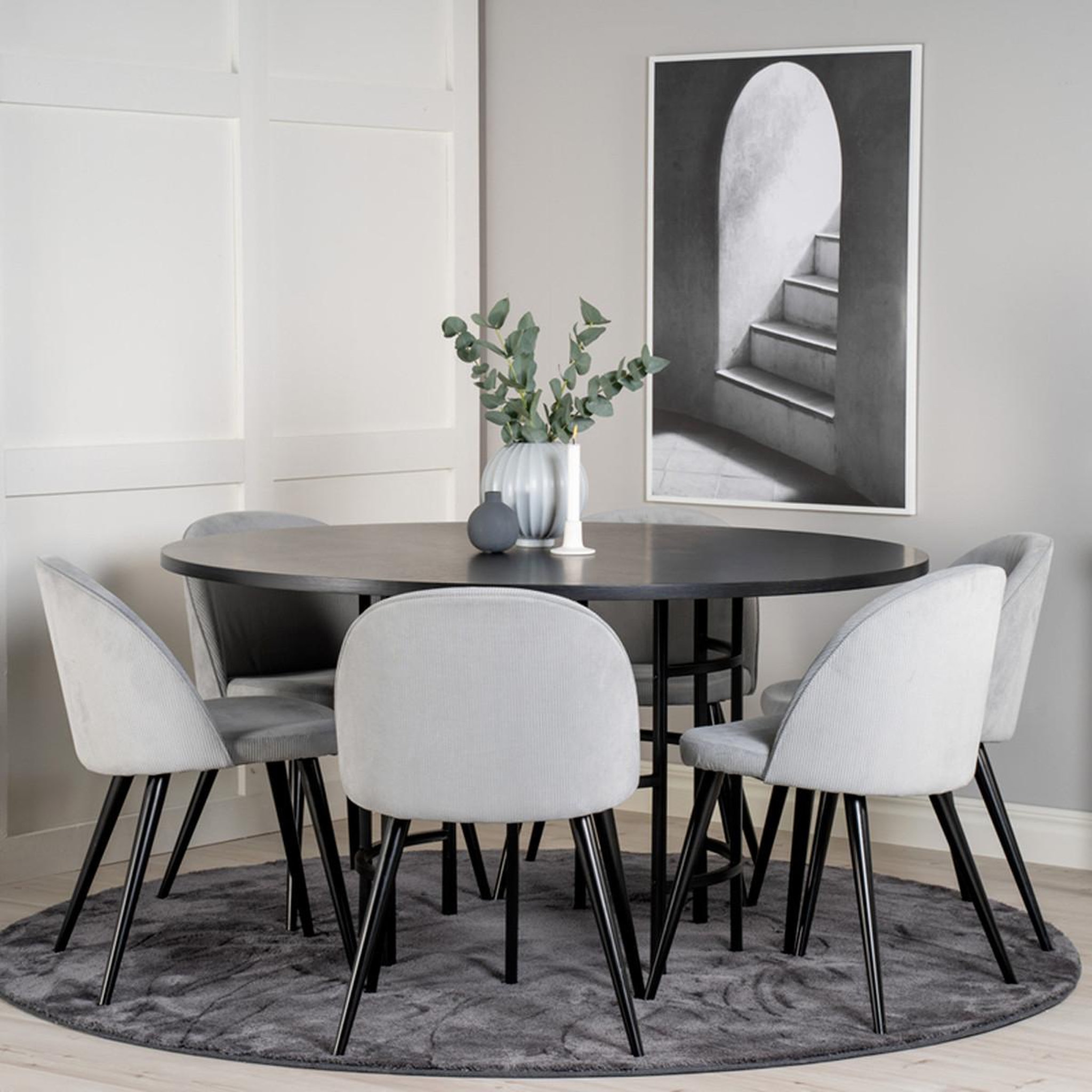 Voir la diapositive 3 : Paris Prix Ensemble table à manger & 6 chaises  copenhagen & velvet  140cm gris & noir