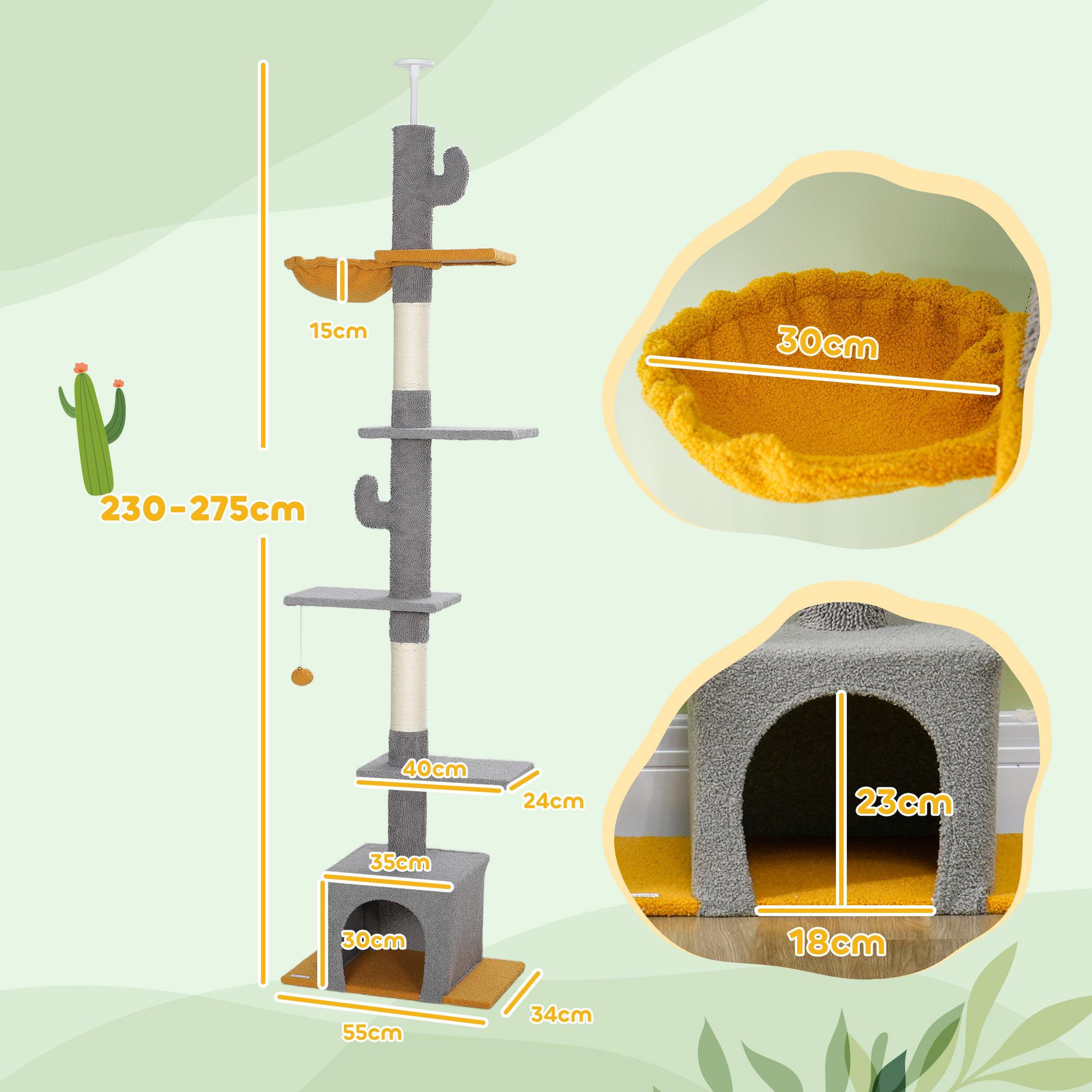 Voir la diapositive 3 : PAWHUT Arbre à chat cactus du sol au plafond - h. Réglable 230-275 cm - 6 niv. Équipement multiple - gris
