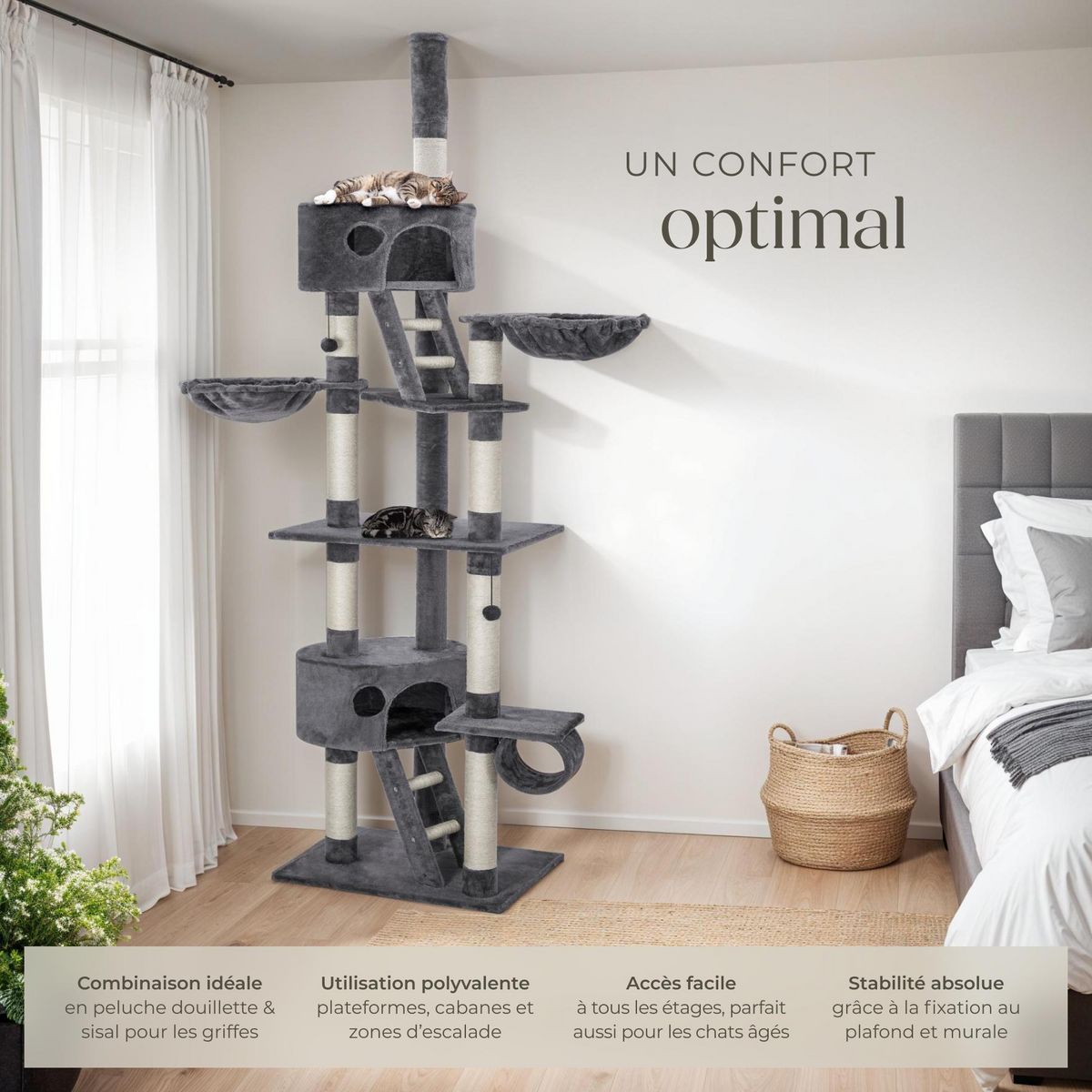 tectake Arbre à chat 243 à 260 cm avec griffoir et plateforme d'escalade gris