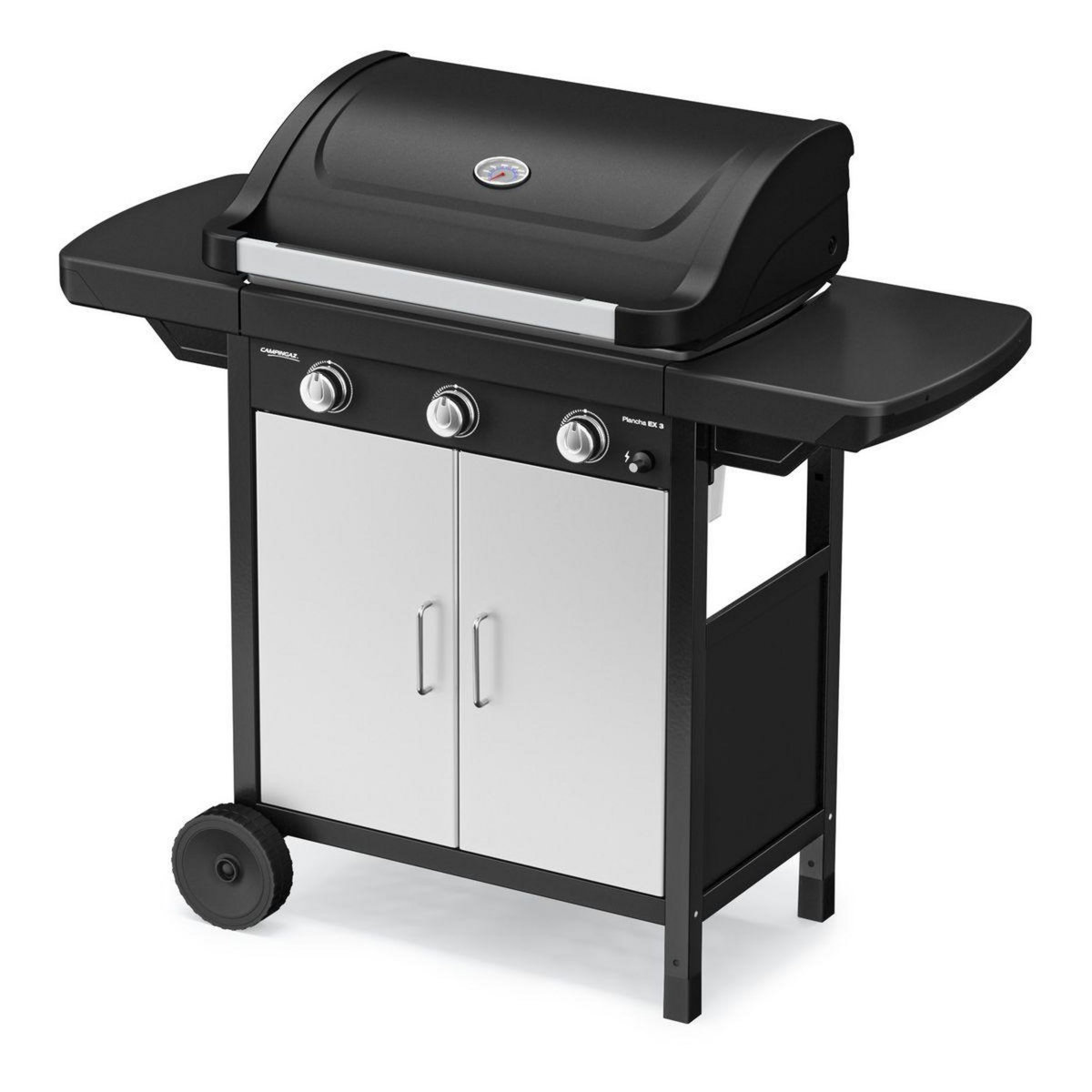 CAMPINGAZ Plancha gaz EX 3 noir 3 brûleurs sur chariot couvercle de cuissson, 60x35 cm