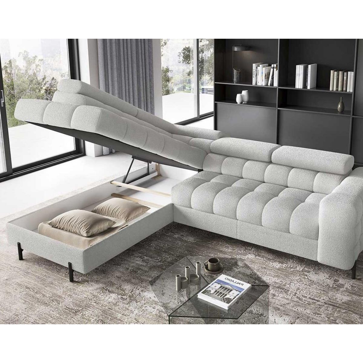 BEST MOBILIER Elisa - canapé d'angle gauche 5 places convertible avec coffre et têtières réglables en tissu bouclette