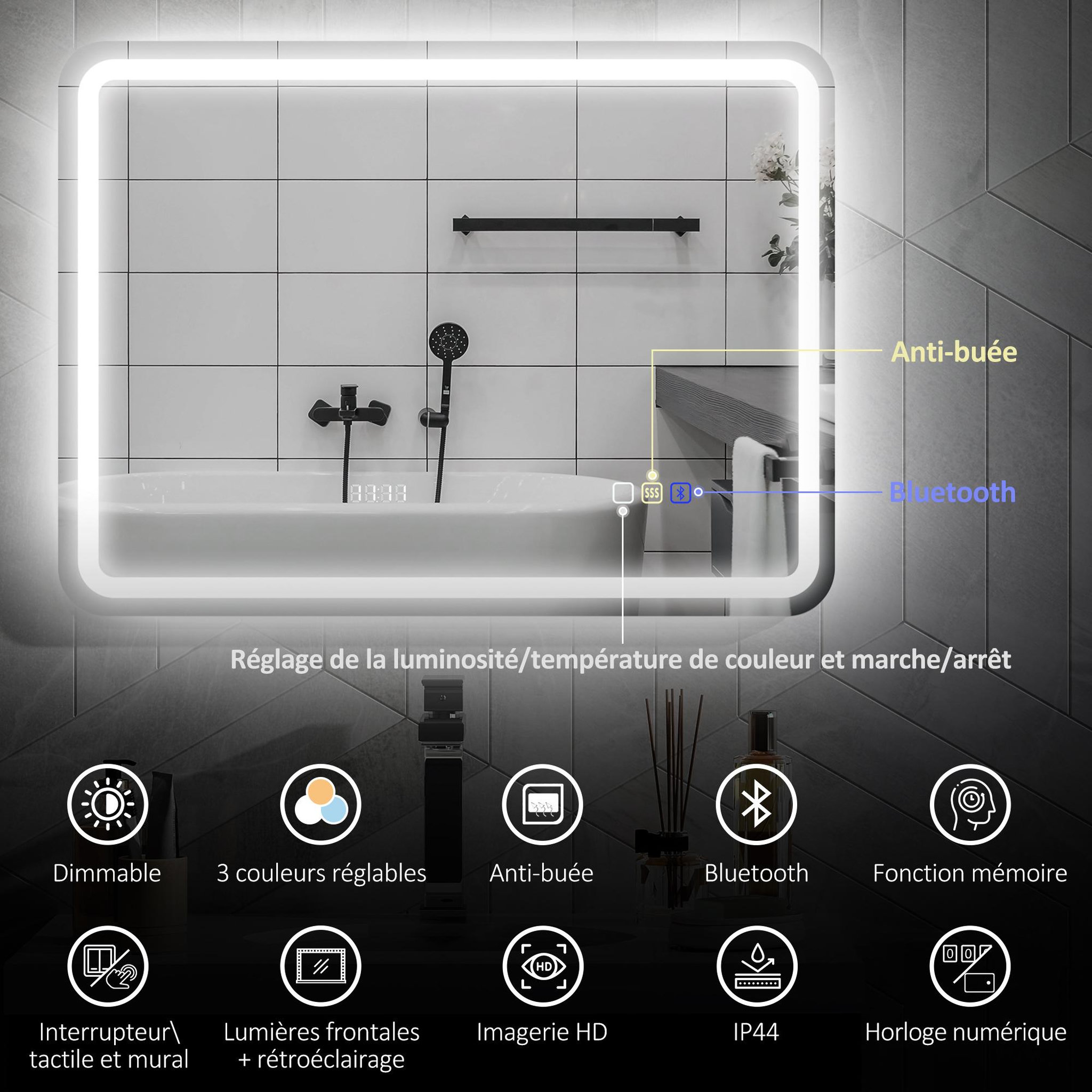 Voir la diapositive 6 : HOMCOM Miroir lumineux led salle de bain bluetooth 60x80cm - horloge numérique, antibuée, tactile, réglable - verre trempé 4 mm