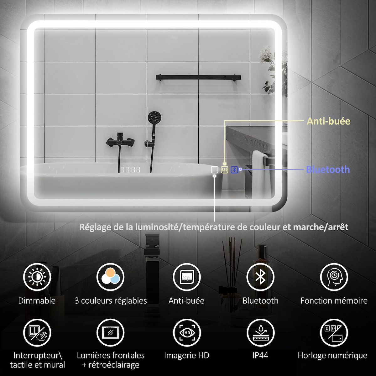 HOMCOM Miroir lumineux LED salle de bain Bluetooth 60x80cm - horloge numérique, antibuée, tactile, réglable - verre trempé 4 mm