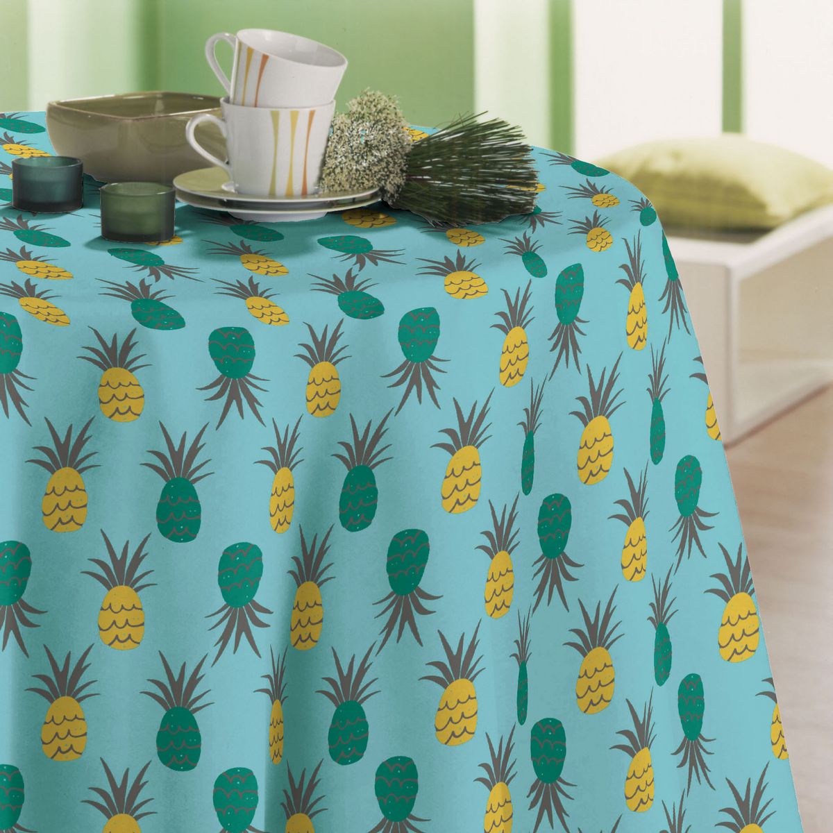 Nappe ronde 140 cm en toile cirée imprimée ananas