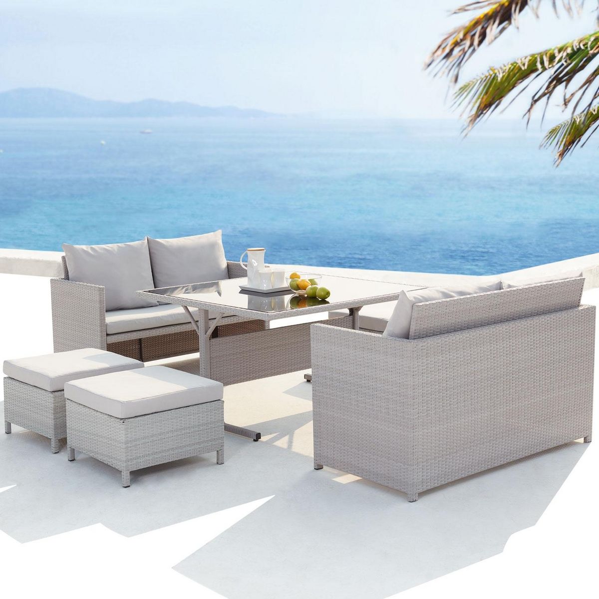 CONCEPT USINE Salon de jardin encastrable 8 places en résine gris NOUMÉA