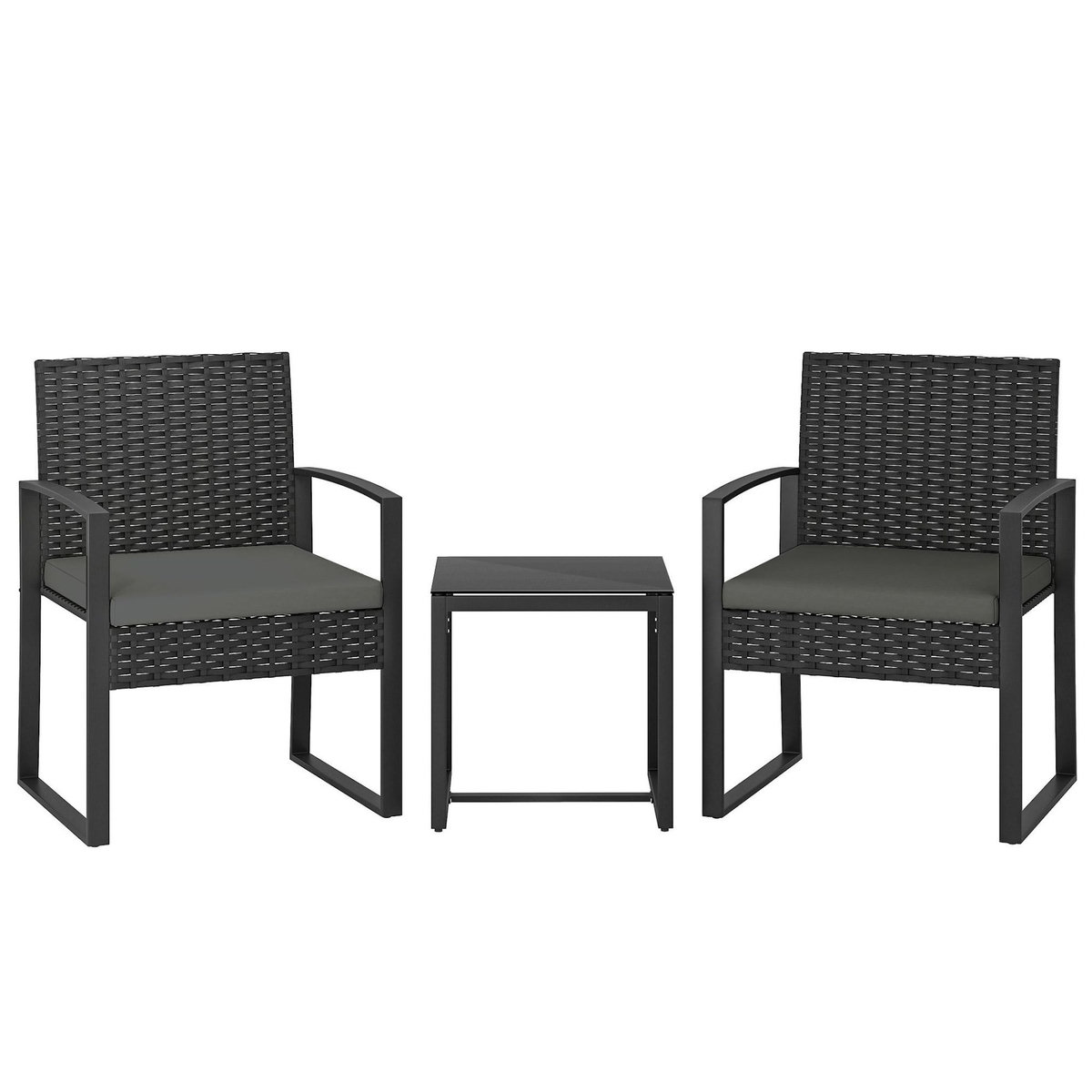 OUTSUNNY Salon de jardin 2 places 3 pièces avec coussins plateau verre trempé résine tressée 6 fils gris