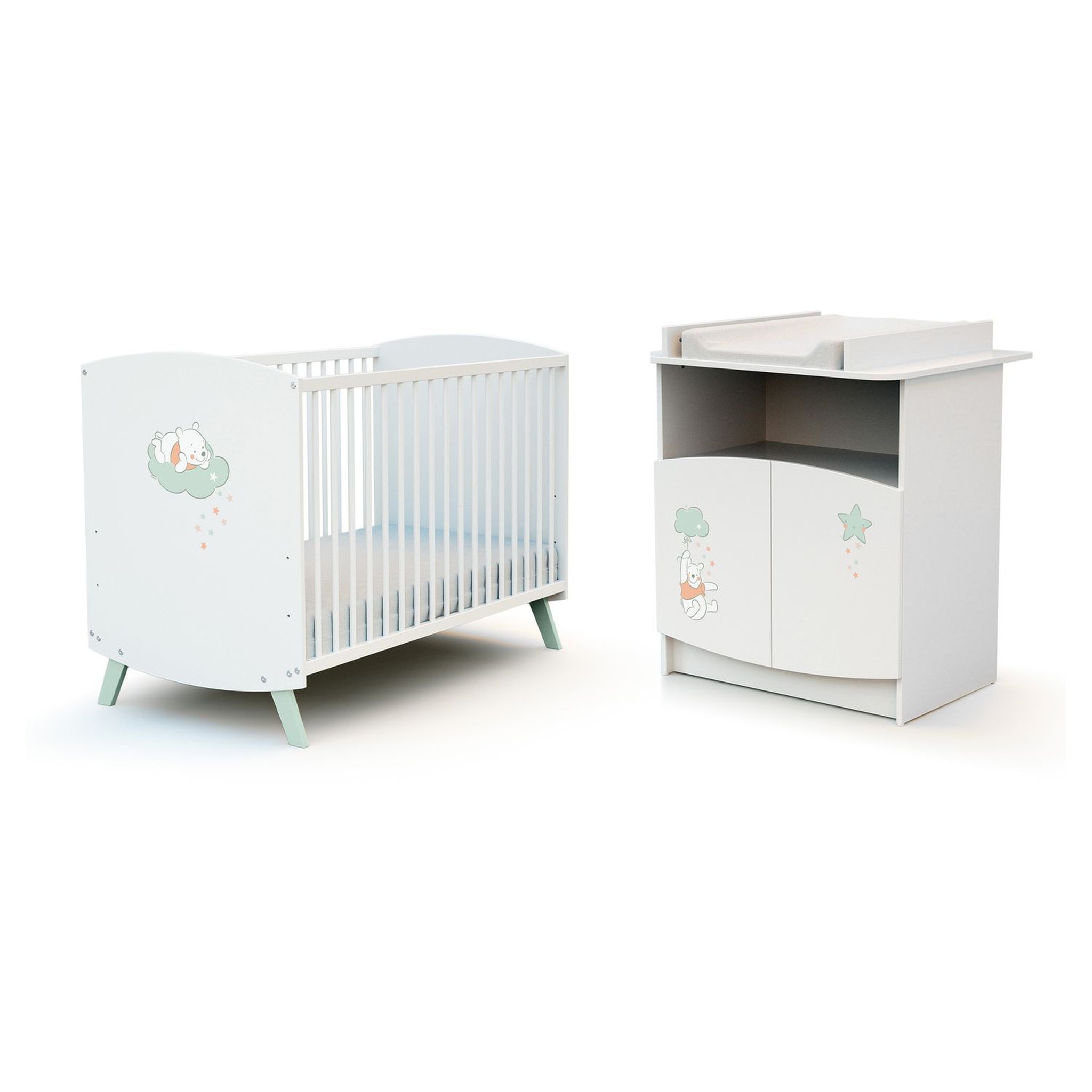 Voir la diapositive 1 : AT4 Ensemble lit bébé 60x120 cm et commode à langer 2 portes WINNIE NUAGE DISNEY