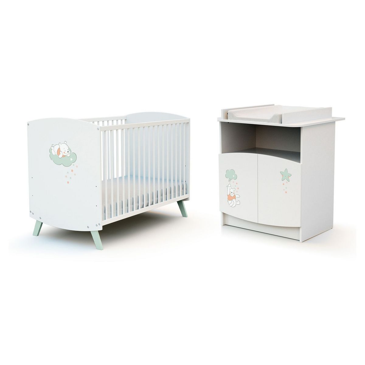AT4 Ensemble lit bébé 60x120 cm et commode à langer 2 portes WINNIE NUAGE DISNEY