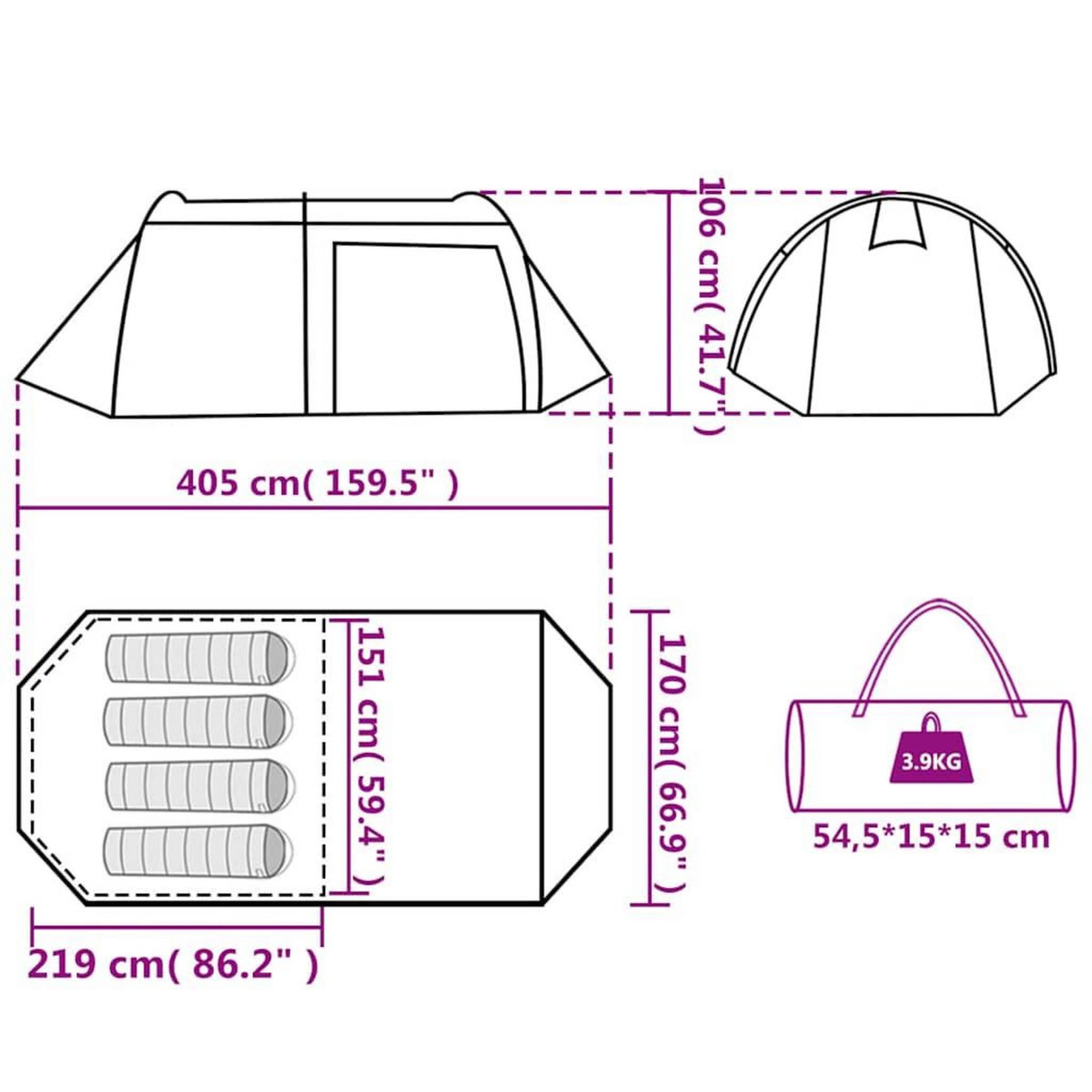 VIDAXL Tente de camping tunnel 4 personnes bleu impermeable