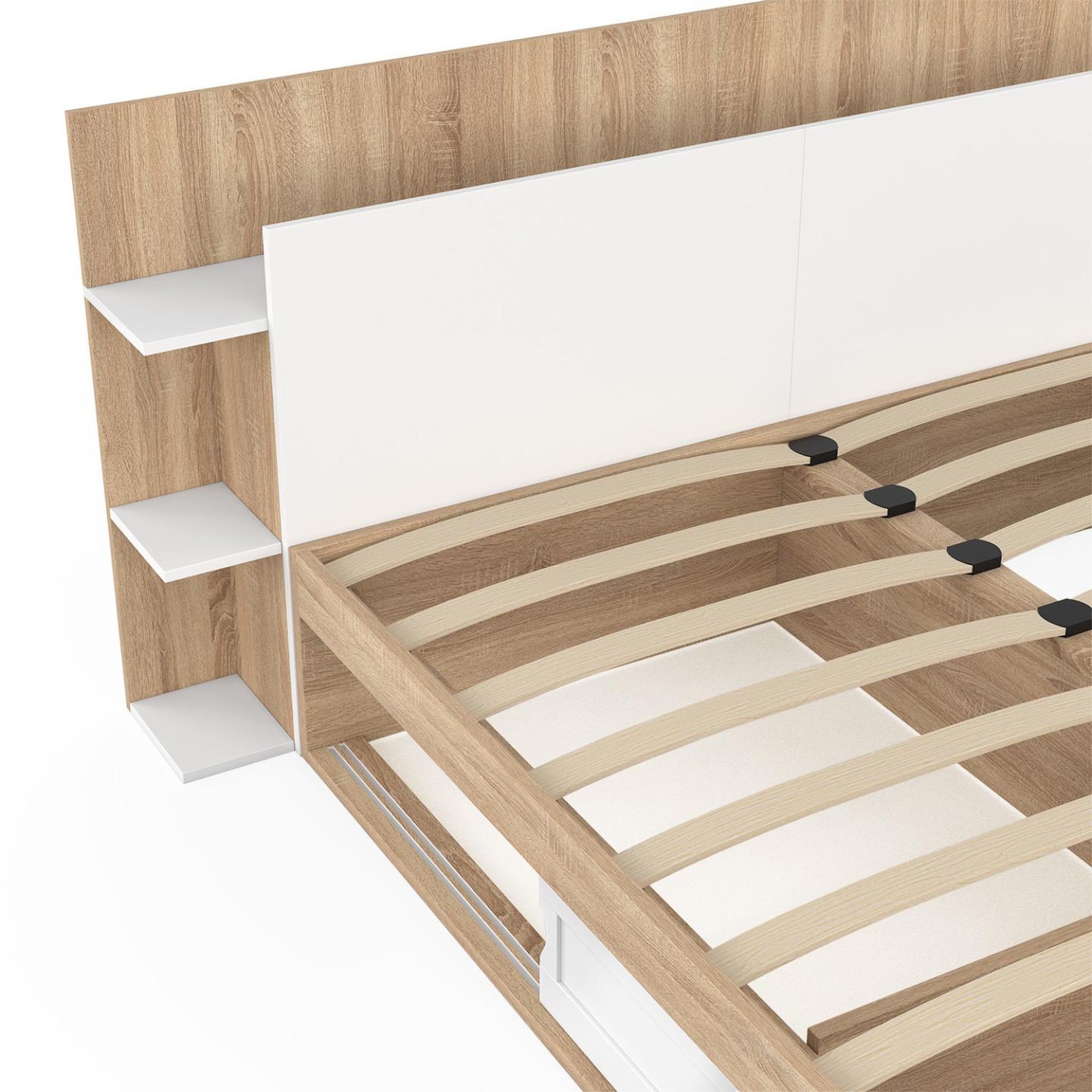 Voir la diapositive 5 : ID MARKET Lit double sari avec rangements, sommier et tête de lit 140 x 190 cm bois et blanc
