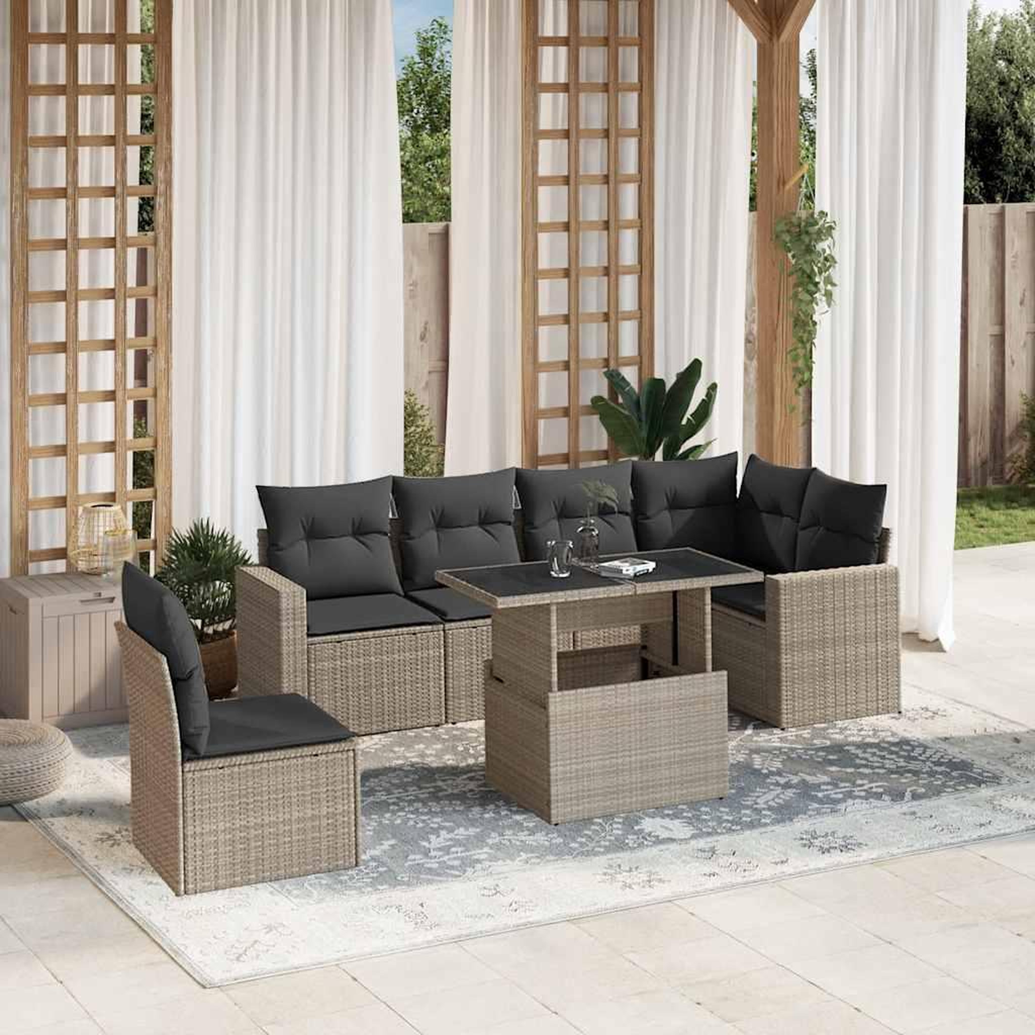 VIDAXL Salon de jardin avec coussins 7 pcs gris clair resine tressee