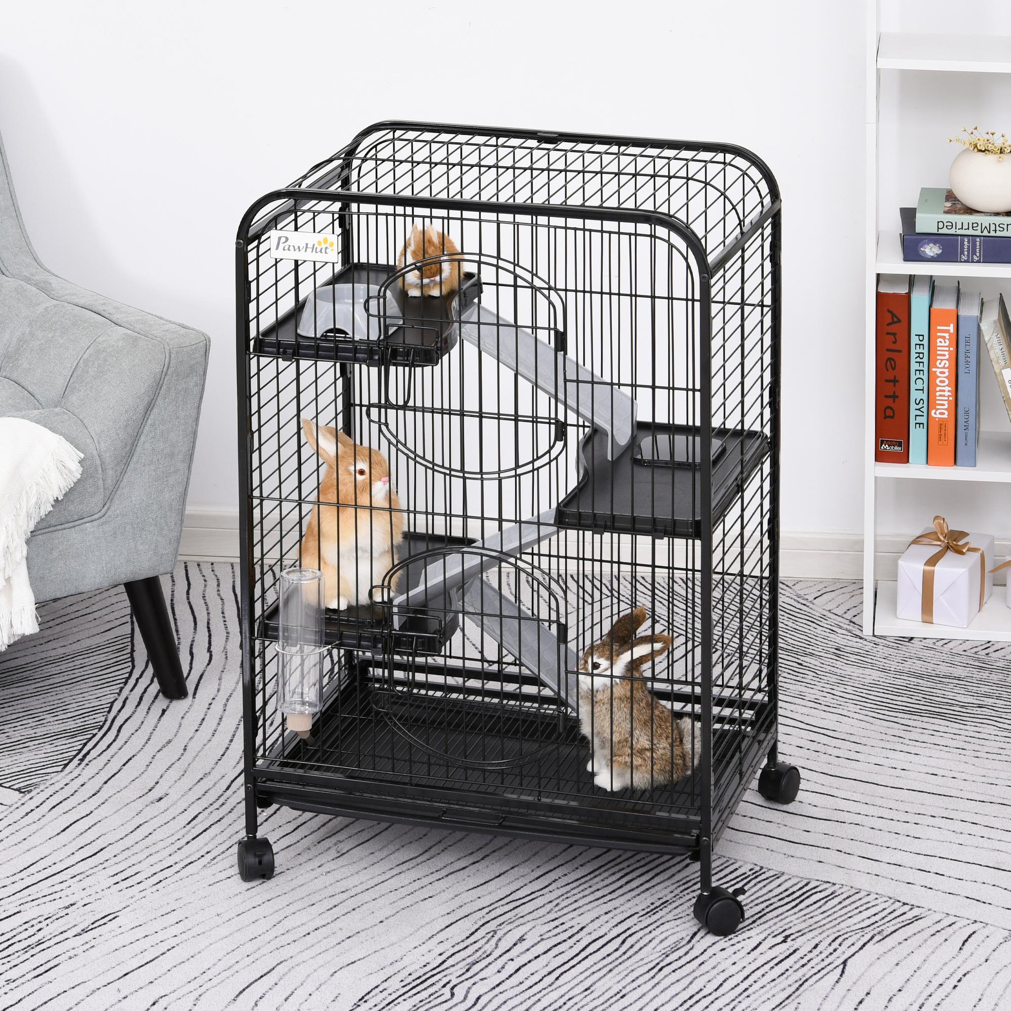 Voir la diapositive 2 : PAWHUT PawHut Cage pour Petits Animaux Roulante 3 Rampes 3 Plates-formes Plat et Bouteille d'Eau Bac Inférieur Amovible Acier PP Noire