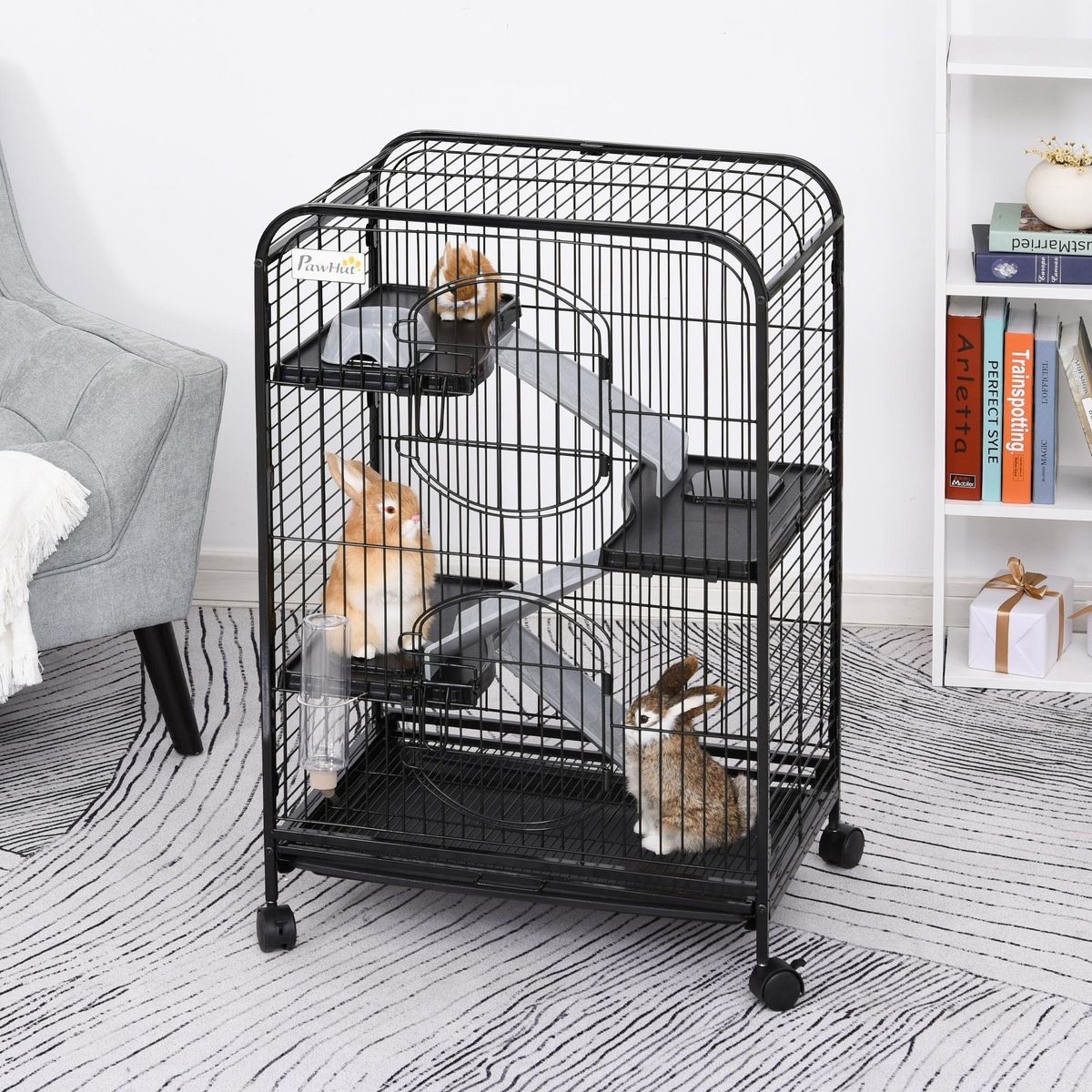 PAWHUT PawHut Cage pour Petits Animaux Roulante 3 Rampes 3 Plates-formes Plat et Bouteille d'Eau Bac Inférieur Amovible Acier PP Noire