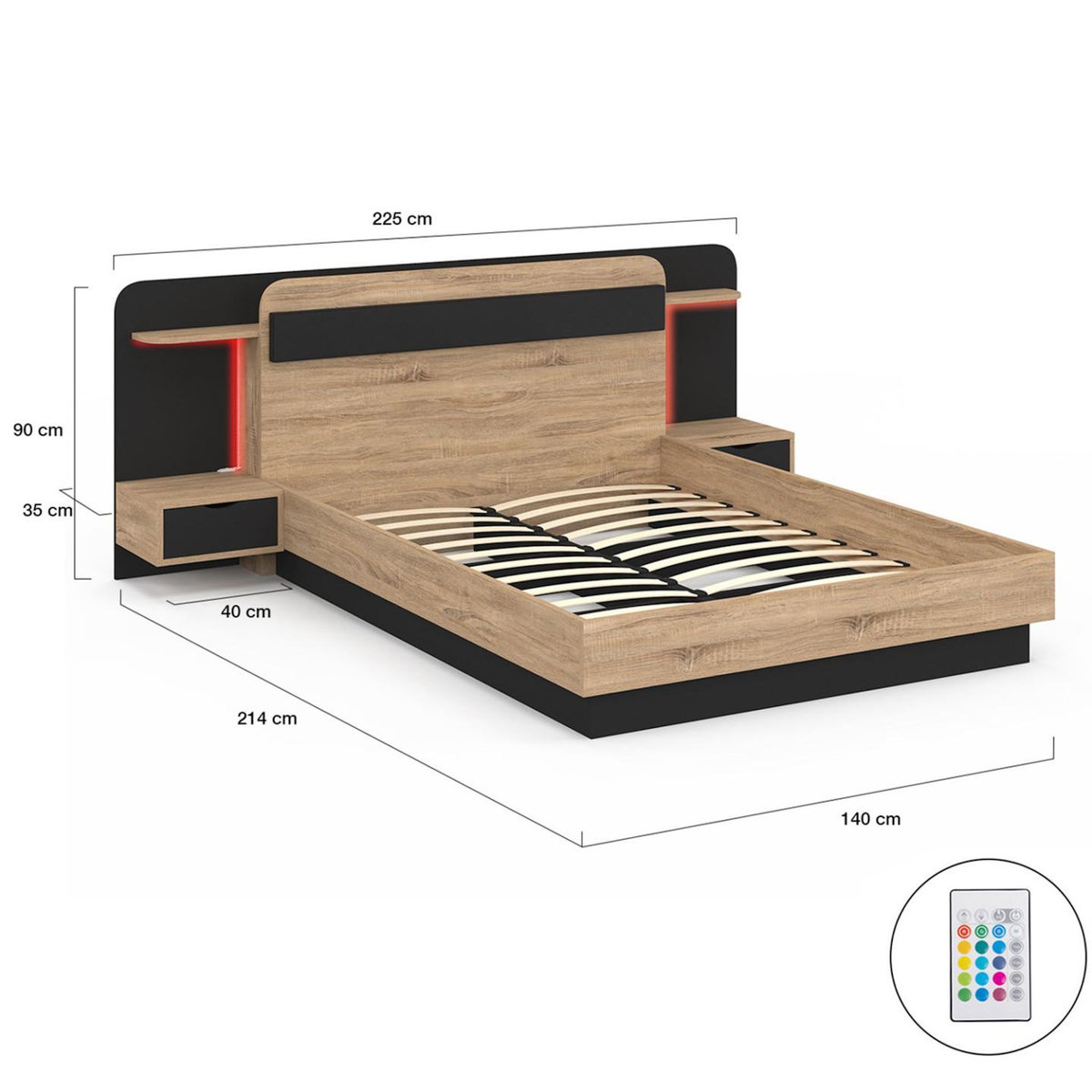 ID MARKET Lit double NATHAN 140 x 190 cm avec tête de lit, chevets suspendus, étagère, LED et sommier bois et noir