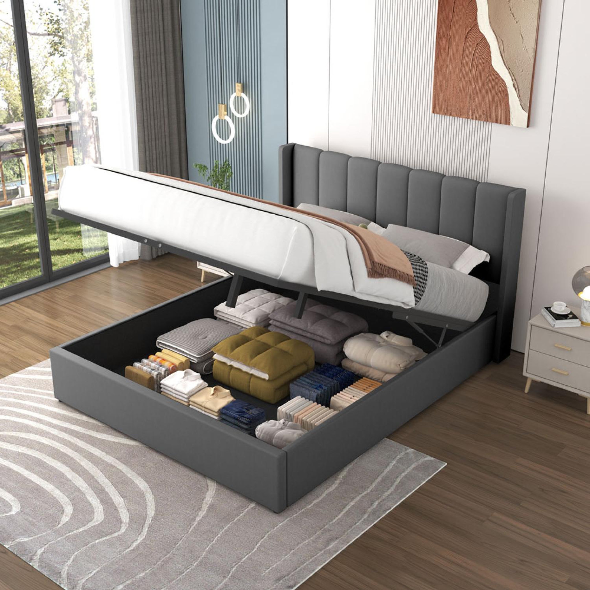 Voir la diapositive 2 : CONCEPT USINE Lit coffre design 160x200cm en velours gris arlington